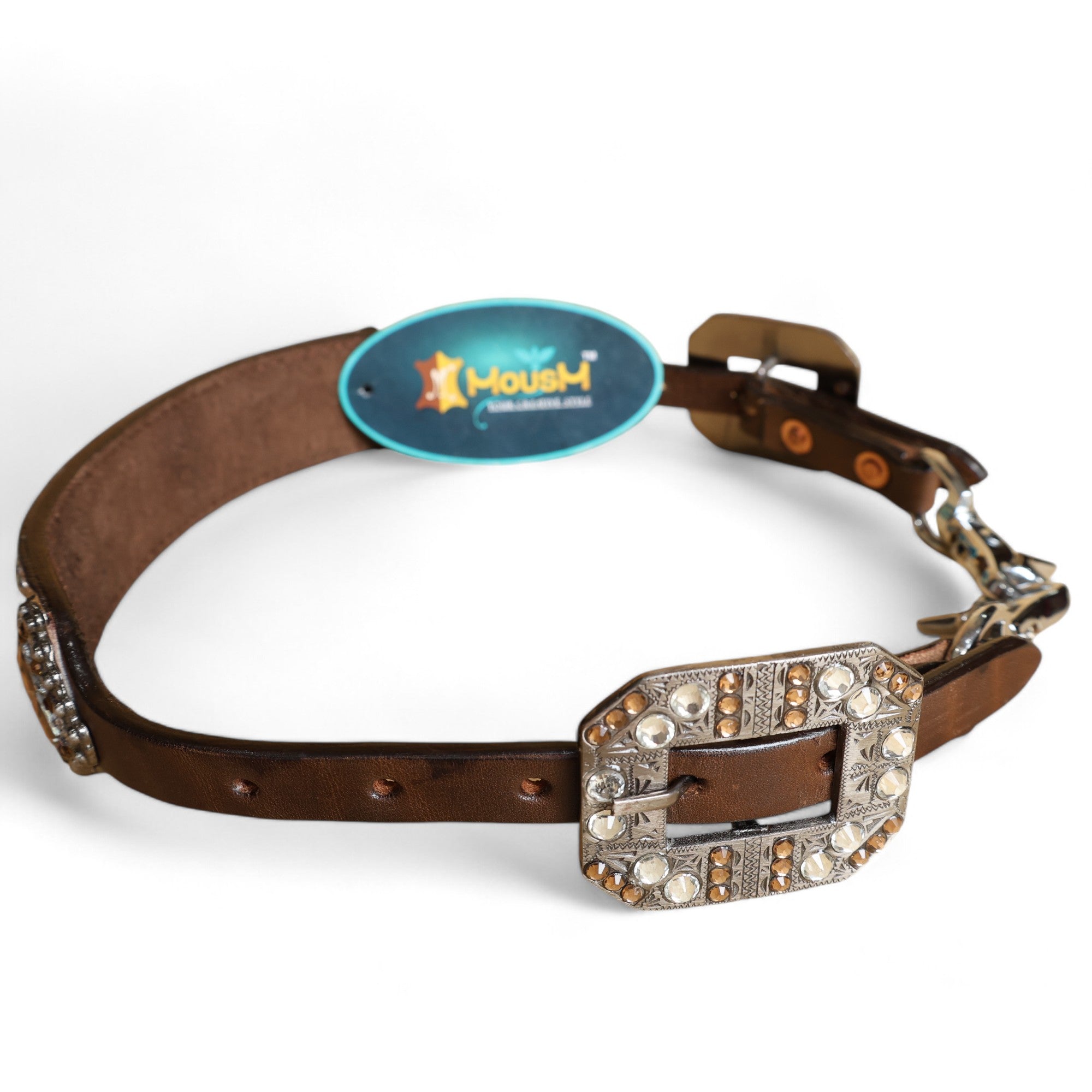 MOUSM Western Wither Strap - Stylish Horse Tack Accessory Decorated with Tan Brown Metallic Acid Wash Cowhide, Surrounded by Silver Studs, Shining Rhinestone Conchos