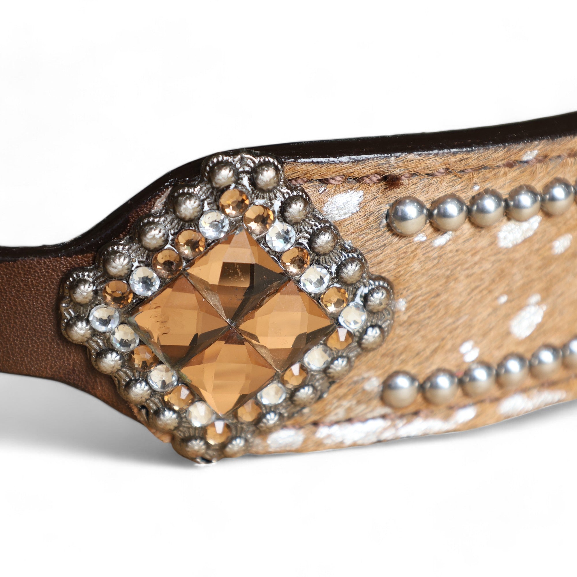 MOUSM Western Wither Strap - Stylish Horse Tack Accessory Decorated with Tan Brown Metallic Acid Wash Cowhide, Surrounded by Silver Studs, Shining Rhinestone Conchos