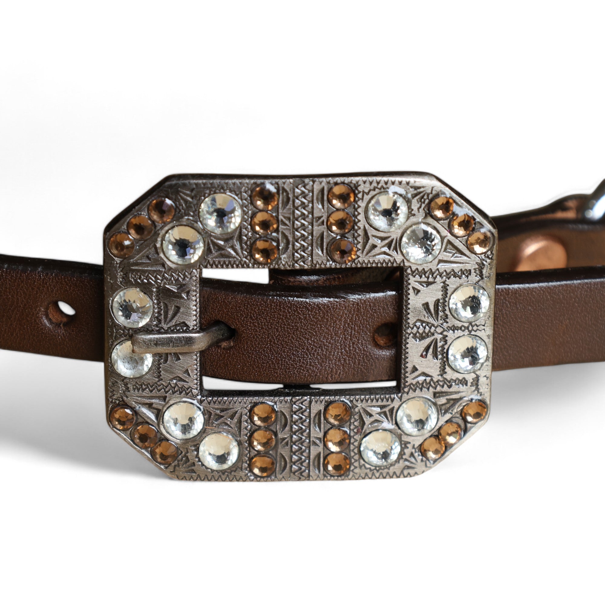 MOUSM Western Wither Strap - Stylish Horse Tack Accessory Decorated with Tan Brown Metallic Acid Wash Cowhide, Surrounded by Silver Studs, Shining Rhinestone Conchos