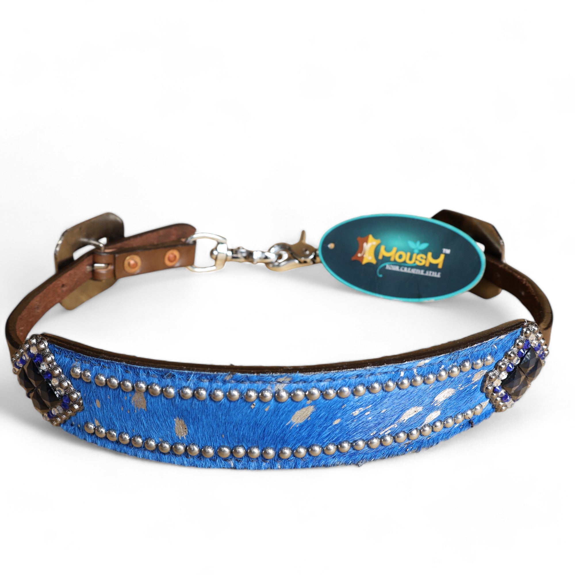 MOUSM Western Wither Strap - Stylish Horse Tack Accessory Decorated with Royal Blue Metallic Acid Wash Cowhide, Surrounded by Silver Studs, Shining Rhinestone Conchos