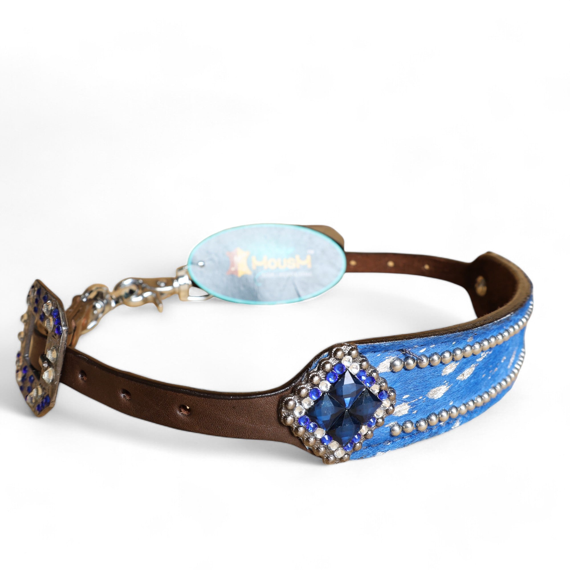 MOUSM Western Wither Strap - Stylish Horse Tack Accessory Decorated with Royal Blue Metallic Acid Wash Cowhide, Surrounded by Silver Studs, Shining Rhinestone Conchos