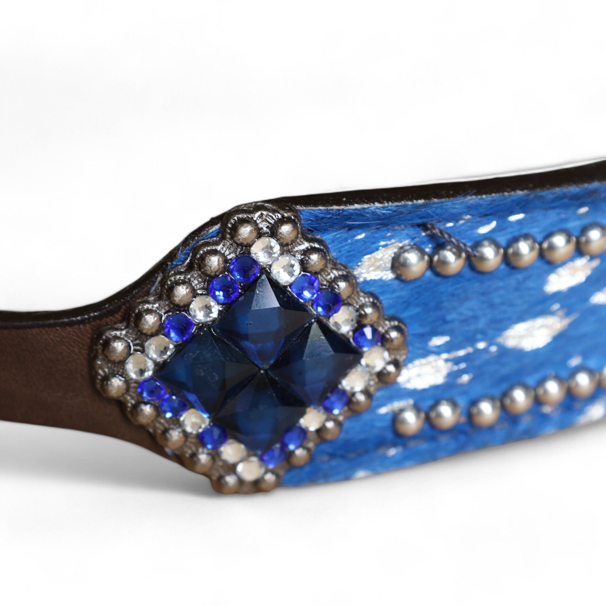 MOUSM Western Wither Strap - Stylish Horse Tack Accessory Decorated with Royal Blue Metallic Acid Wash Cowhide, Surrounded by Silver Studs, Shining Rhinestone Conchos