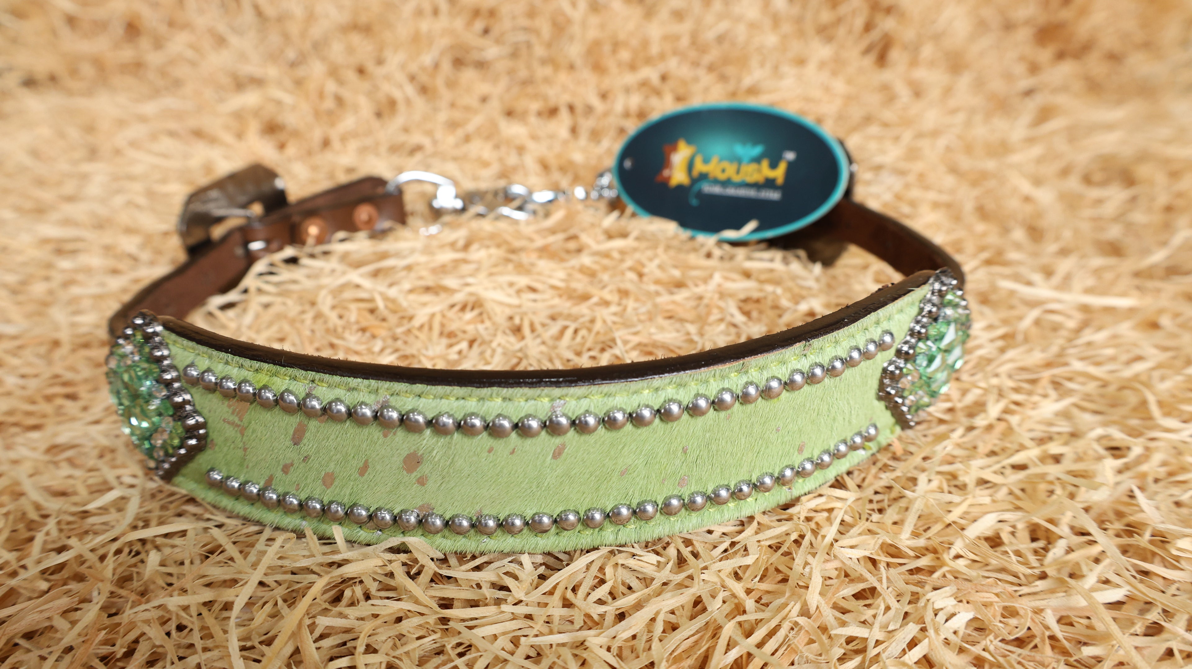 MOUSM Argentina Cow Leather Western Horse Tack Collection – Western Headstall & Breast Collar Set Decorated with Lime-Green Metallic Acid Wash Cowhide Finish