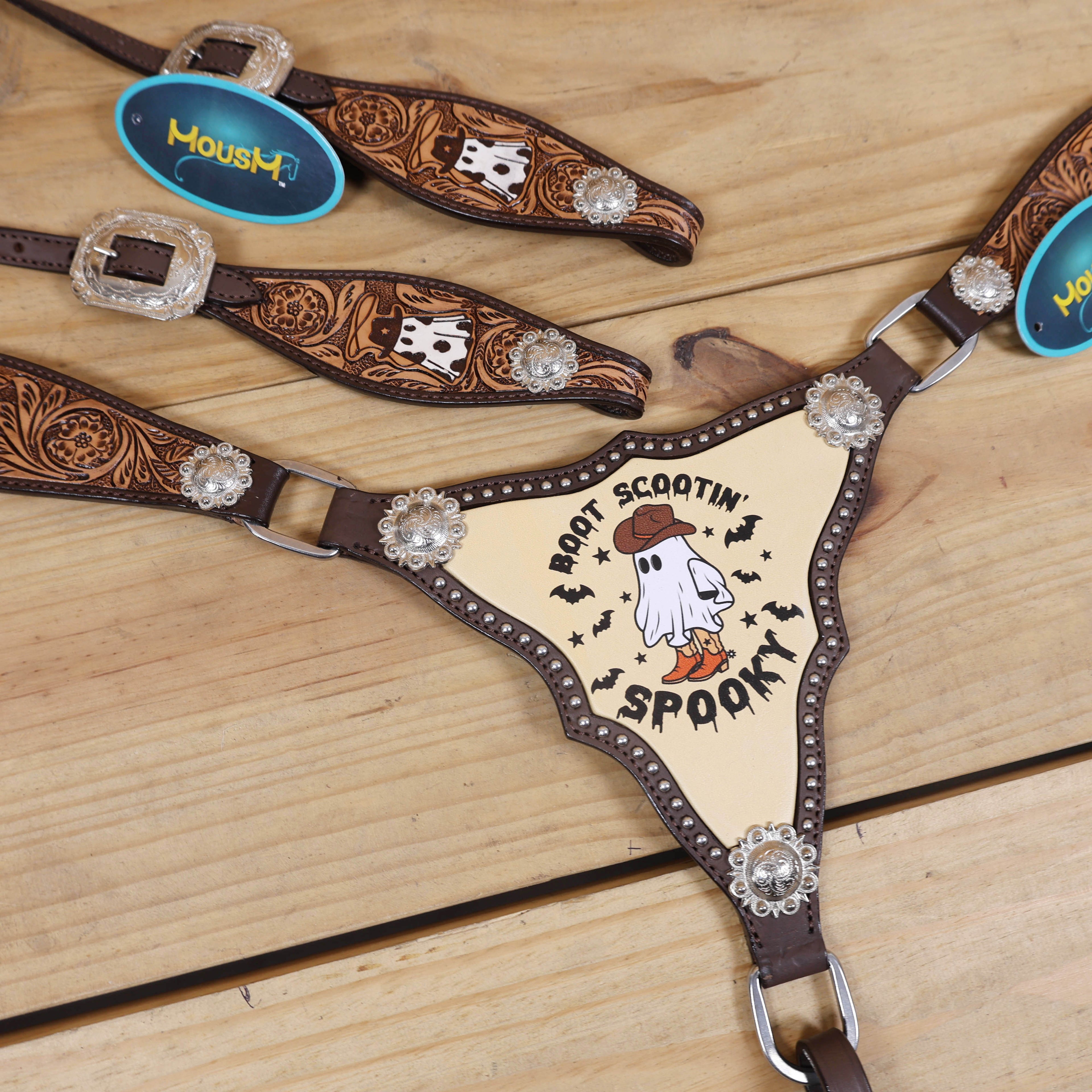spooky boot scootin print breast collar with silver buds and ghost engraving