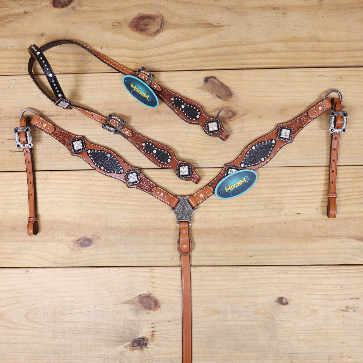 brown and black alligator western headstall and breast collar set chestnut leather with rhinestone conchos