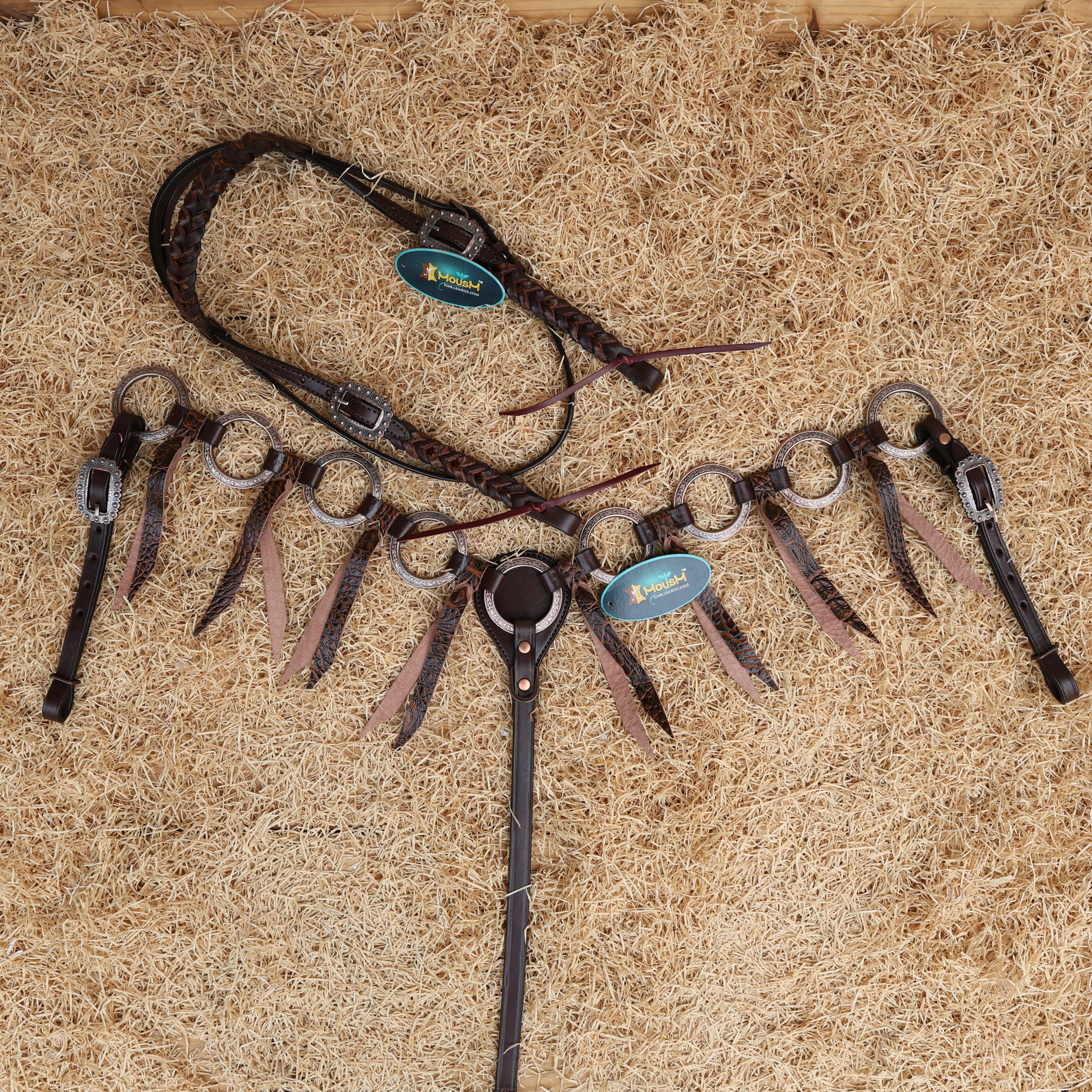 MOUSM Western Ring Headstall and Breast Collar Set – Decorated with Antique Nickel Rings, Metallic Leopard Leather Fringe on Brown Leather Braided Browband and Cheekpiece
