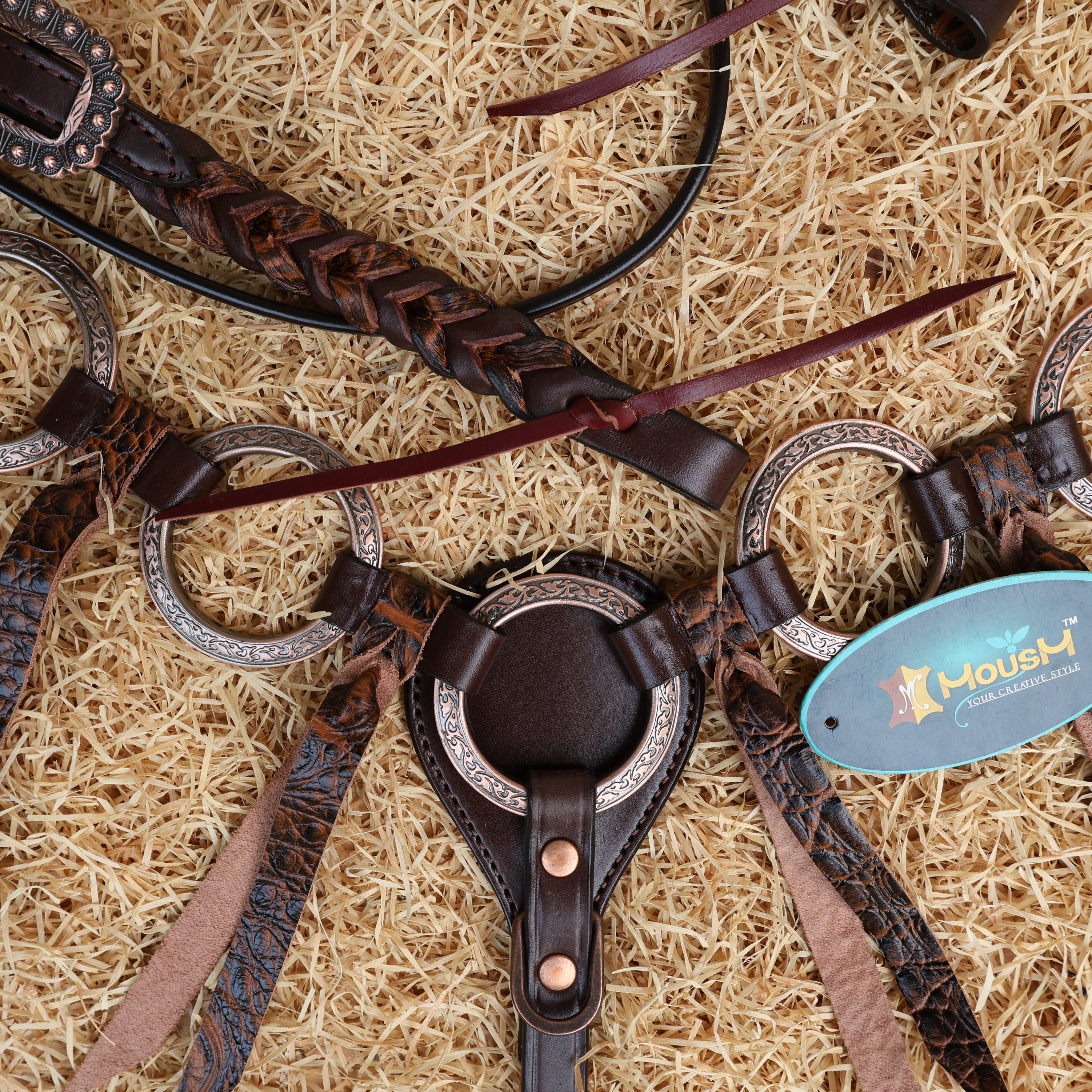 MOUSM Western Ring Headstall and Breast Collar Set – Decorated with Antique Nickel Rings, Metallic Leopard Leather Fringe on Brown Leather Braided Browband and Cheekpiece