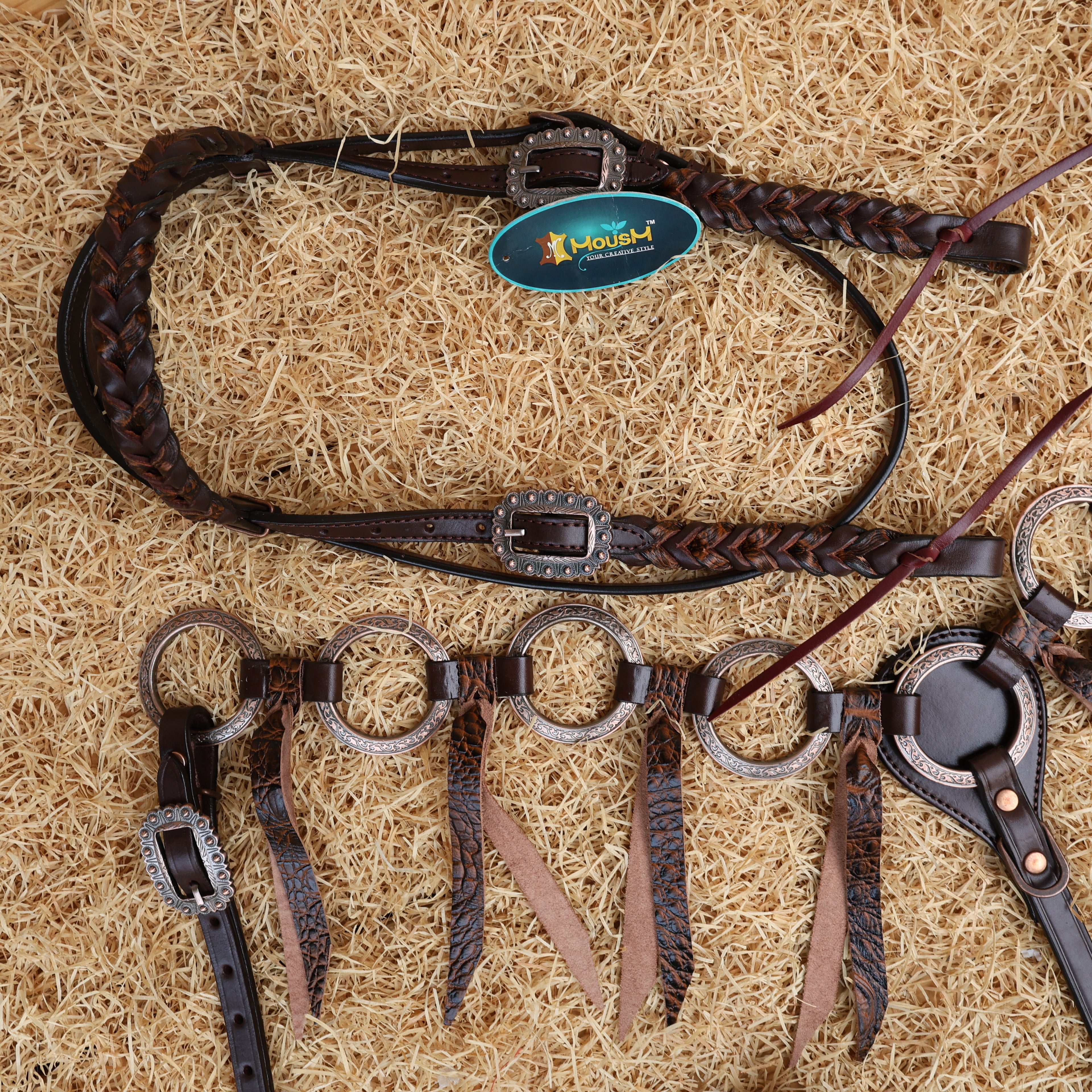 MOUSM Western Ring Headstall and Breast Collar Set – Decorated with Antique Nickel Rings, Metallic Leopard Leather Fringe on Brown Leather Braided Browband and Cheekpiece