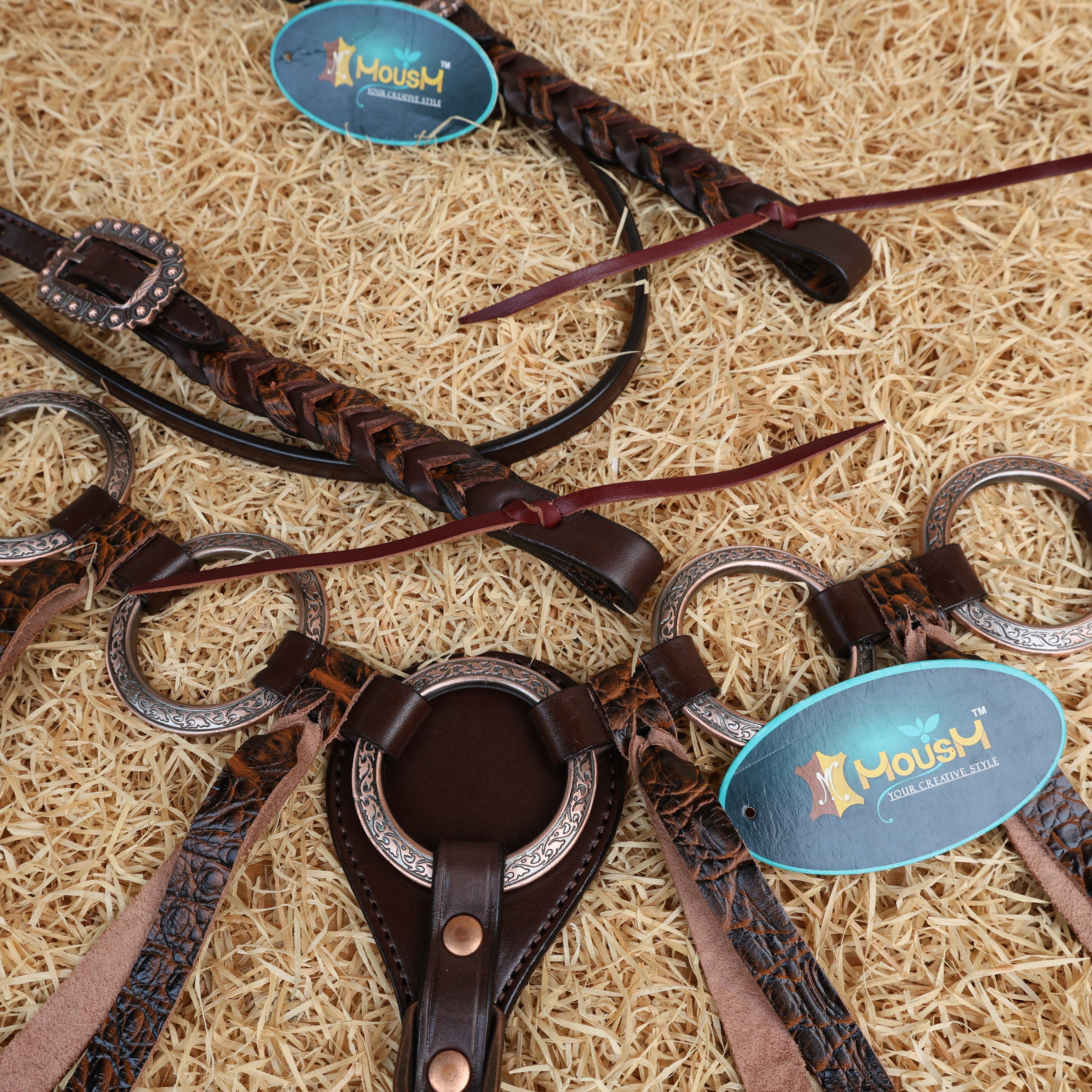 MOUSM Western Ring Headstall and Breast Collar Set – Decorated with Antique Nickel Rings, Metallic Leopard Leather Fringe on Brown Leather Braided Browband and Cheekpiece
