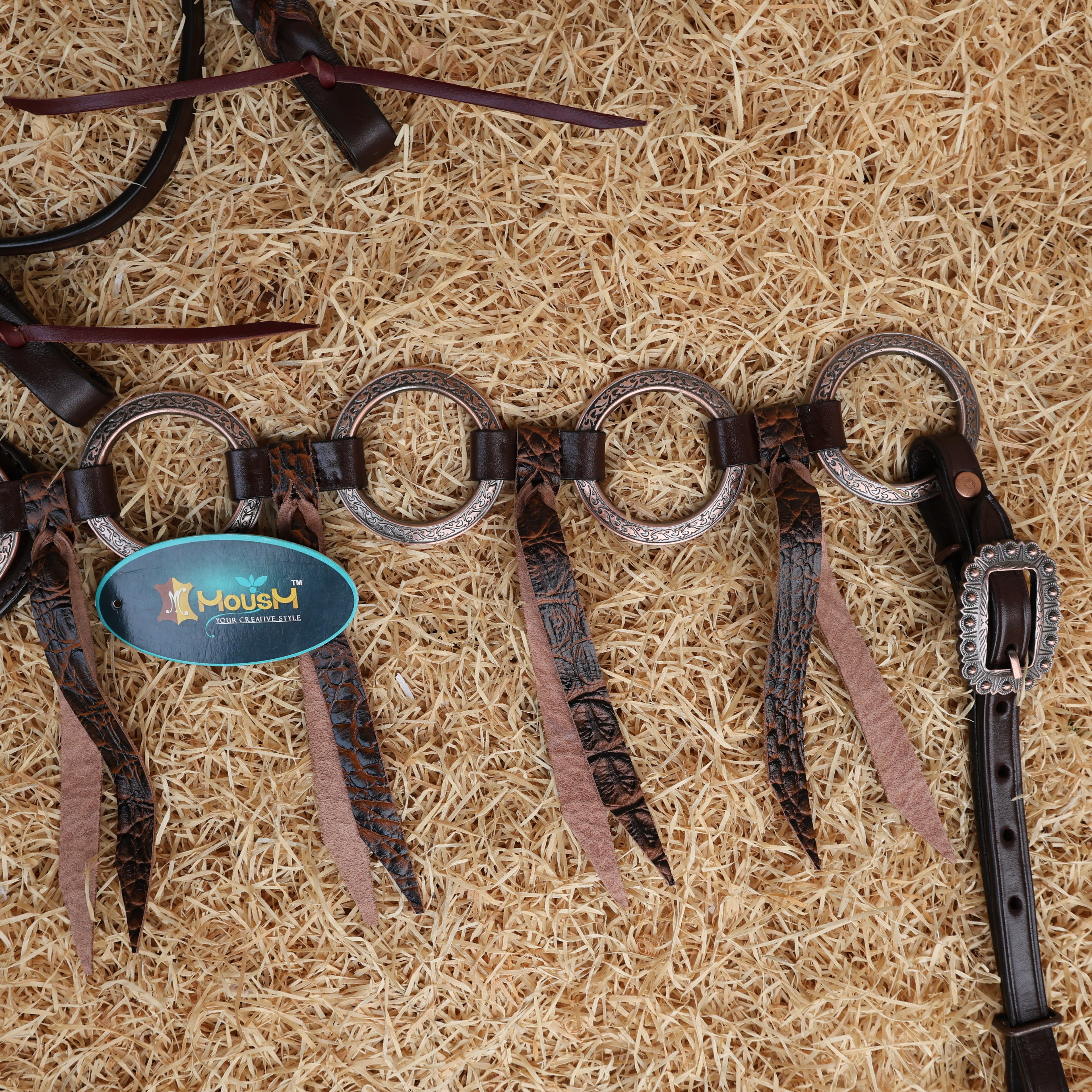 MOUSM Western Ring Headstall and Breast Collar Set – Decorated with Antique Nickel Rings, Metallic Leopard Leather Fringe on Brown Leather Braided Browband and Cheekpiece