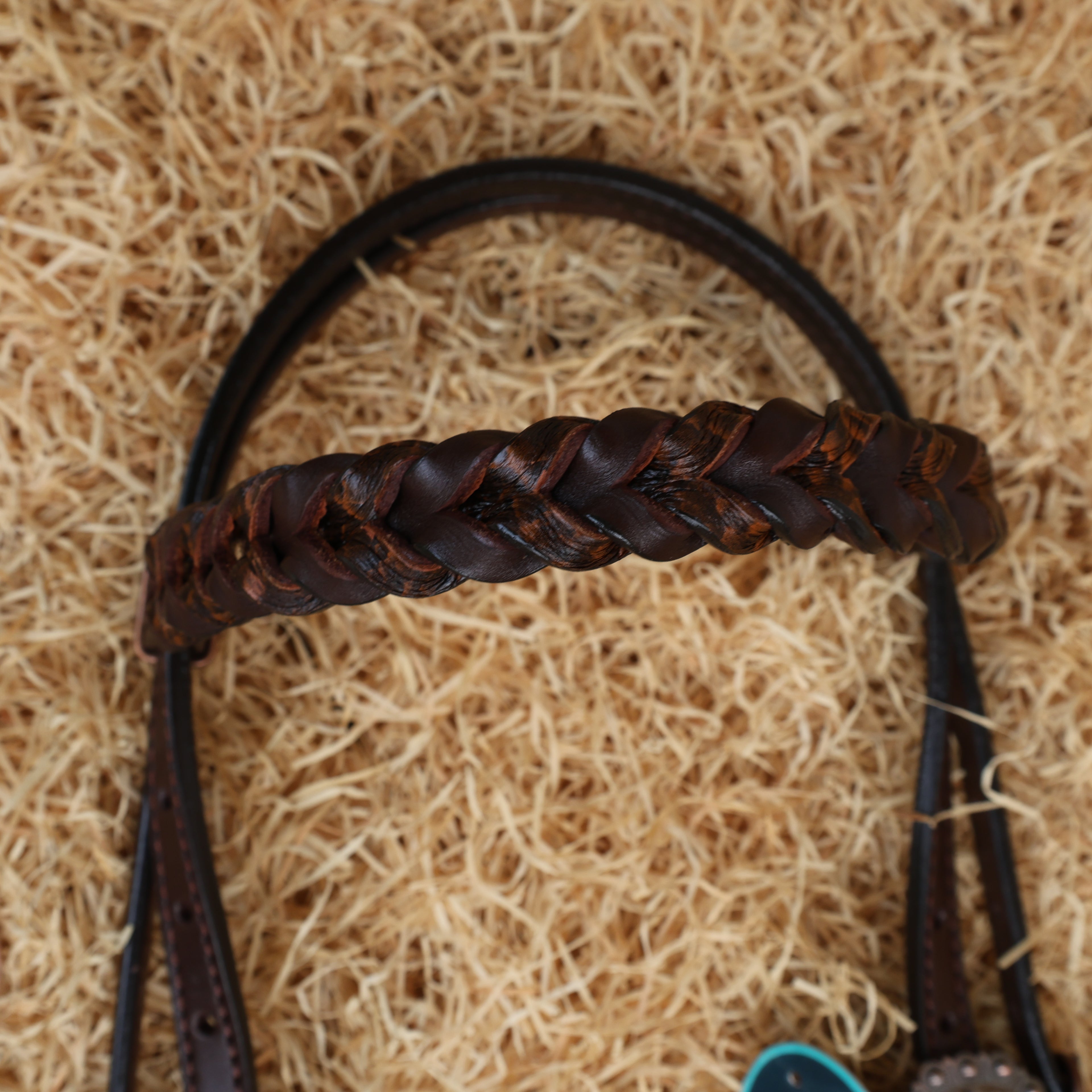 MOUSM Western Ring Headstall and Breast Collar Set – Decorated with Antique Nickel Rings, Metallic Leopard Leather Fringe on Brown Leather Braided Browband and Cheekpiece