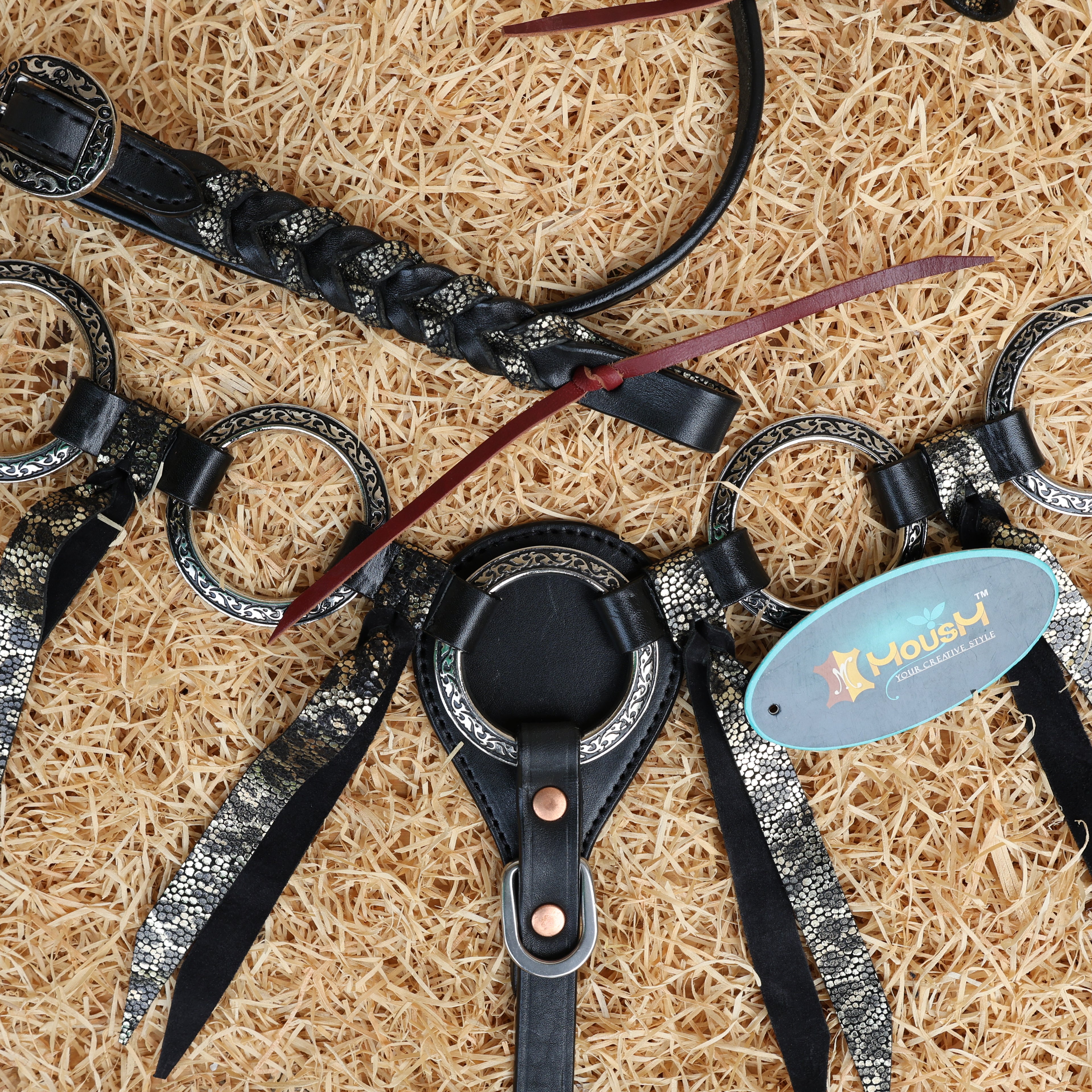 MOUSM Western Headstall and Breast Collar Set – Decorated with Engraved Antique Nickel Rings, Metallic Leopard Leather Fringe on Black Leather Braided Browband and Cheekpiece