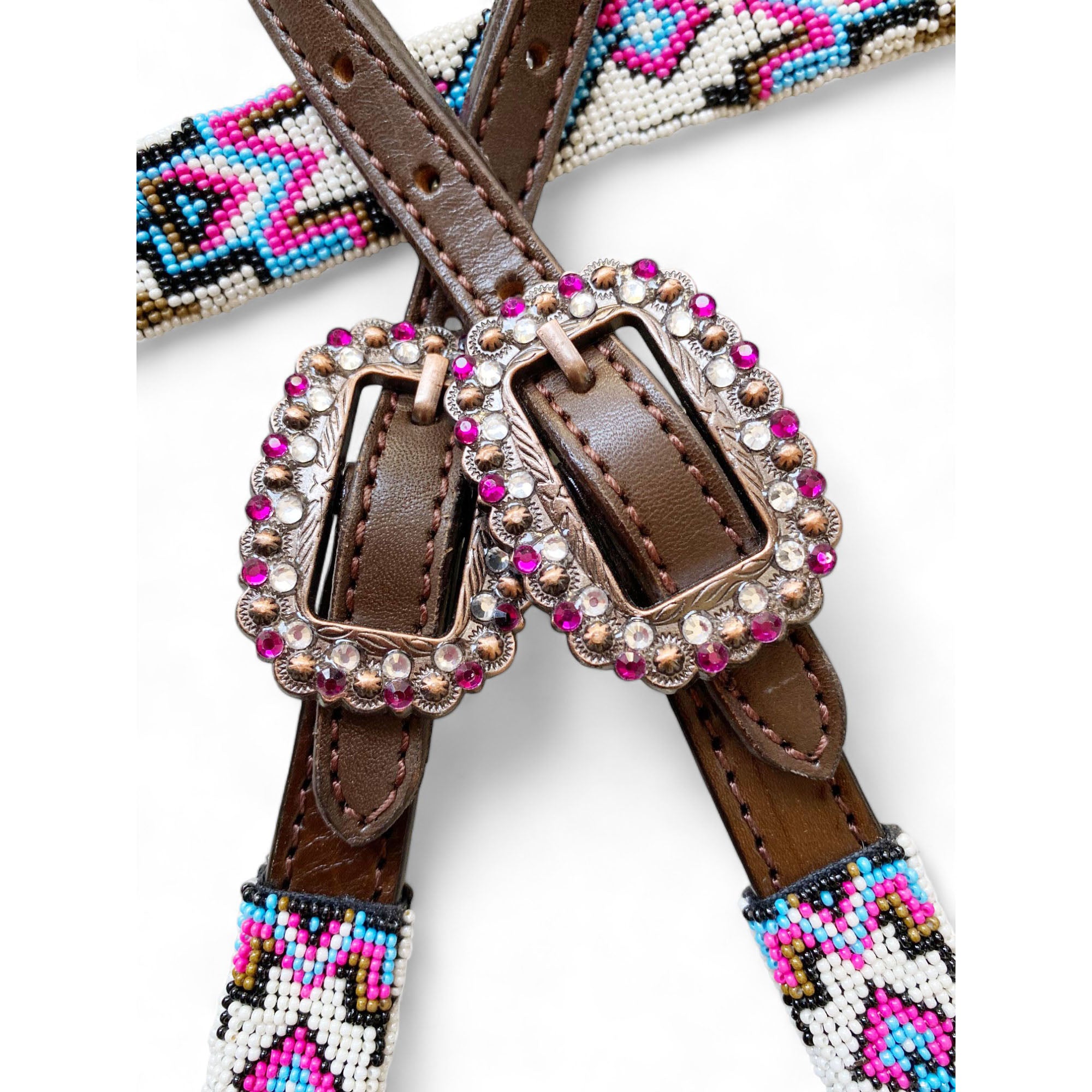 MOUSM Argentina Cow Leather Headstall and Breast Collar with Wither Strap - Western Leather Tack Set for Horse with Pink-White-Blue Beaded Southwestern Pattern and Shinning Rhinestones Concho