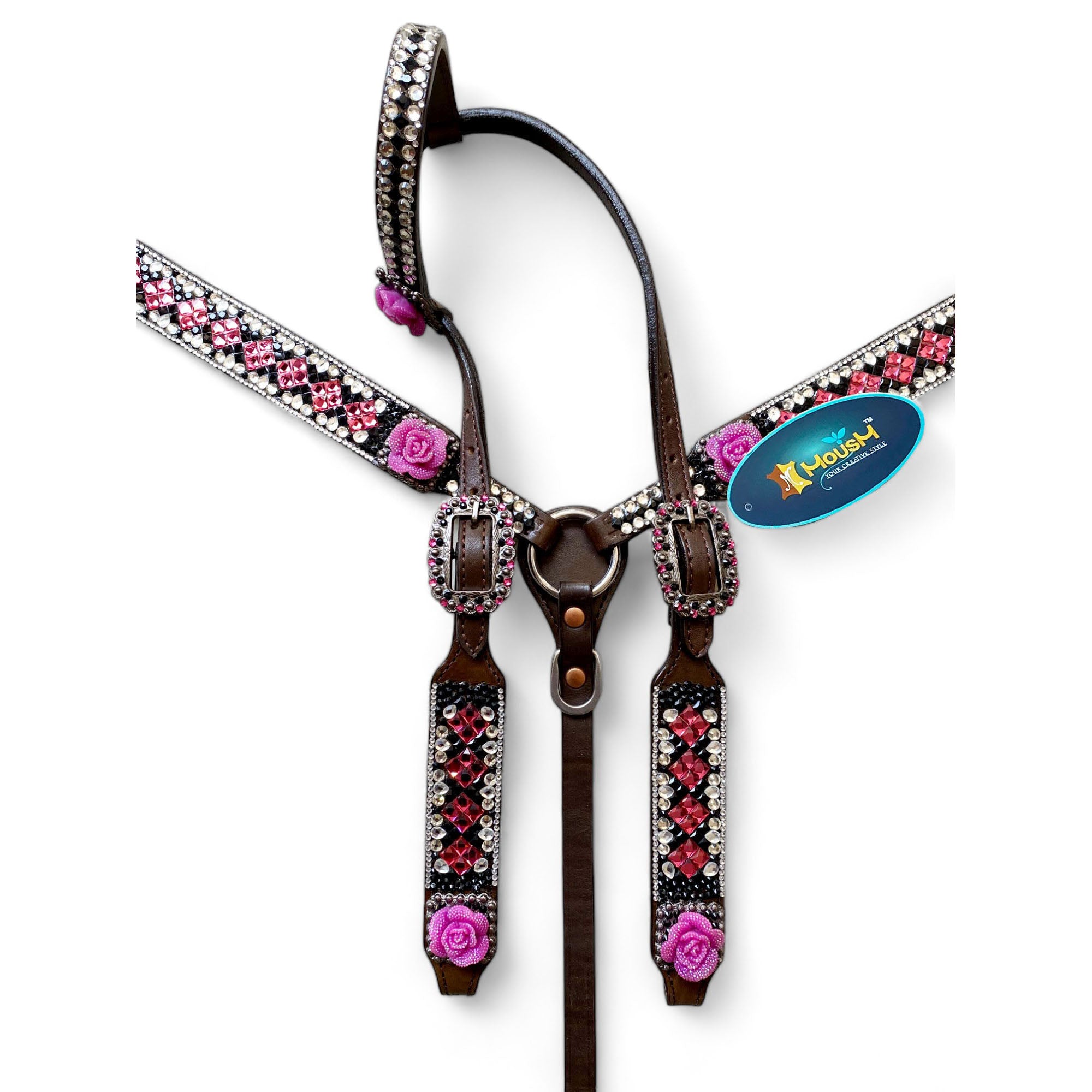 MOUSM Argentina Cow Leather Headstall & Breast Collar Set – Western Horse Tack with 3D Pink Rose & Full Rhinestone Work