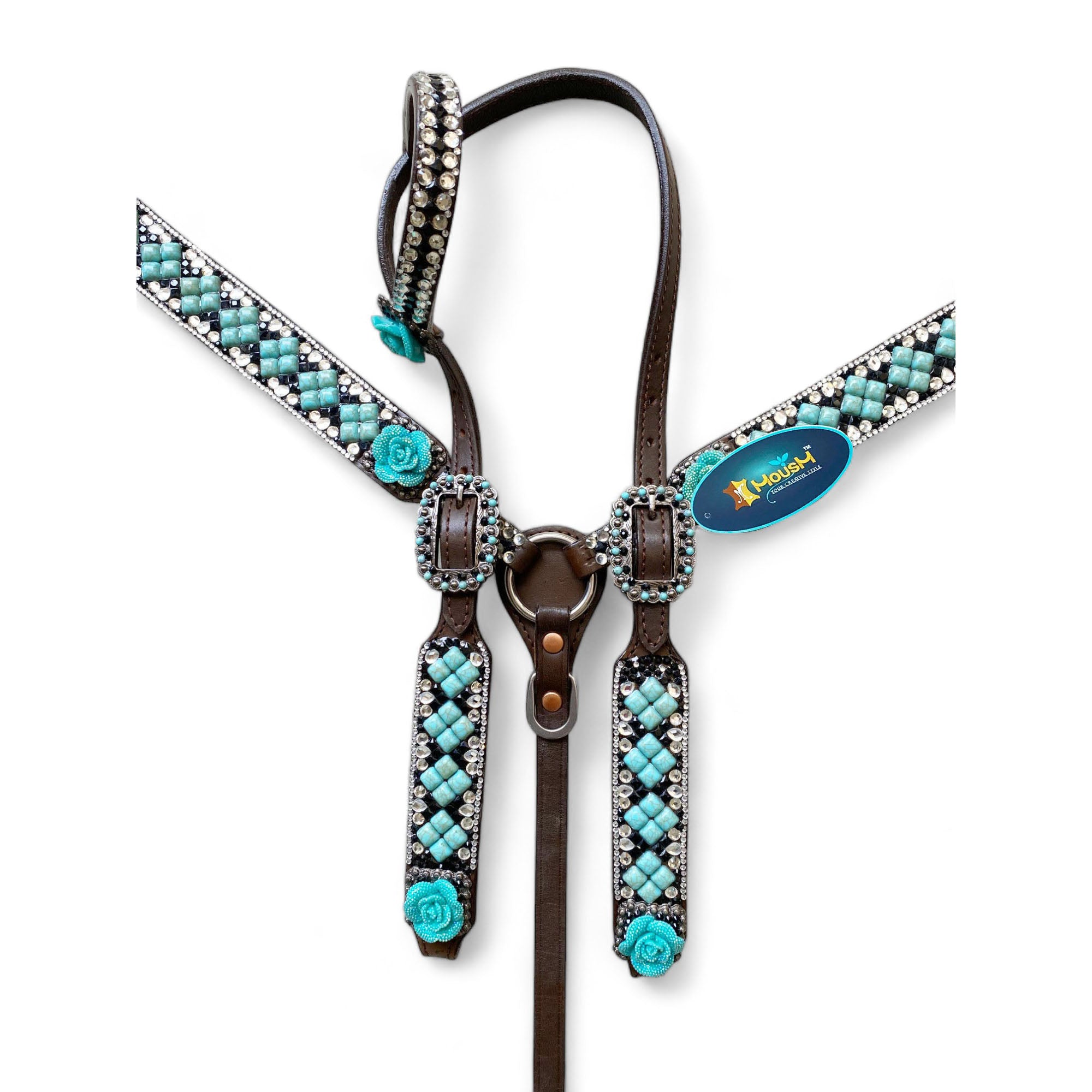 MOUSM Argentina Cow Leather Headstall & Breast Collar Set – Western Horse Tack Decorated with Turquoise Stone and Shining Rhinestones Work and 3D Rose Flower