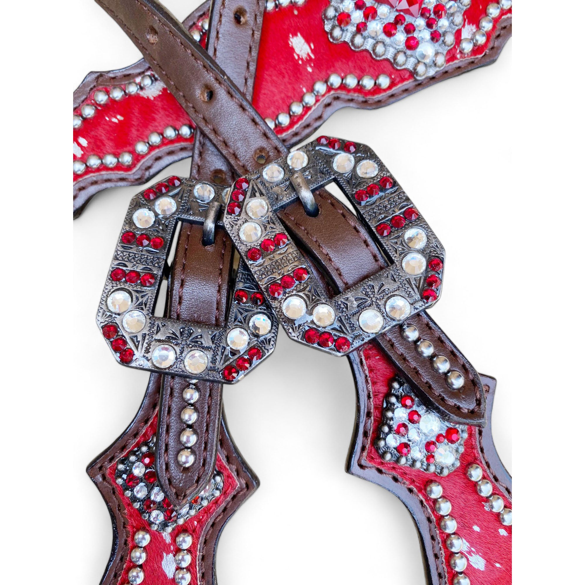 MOUSM Valentine Day Western Headstall and Breast Collar Set - Decorated with Red Silver Metallic Acid Wash Cowhide Finish