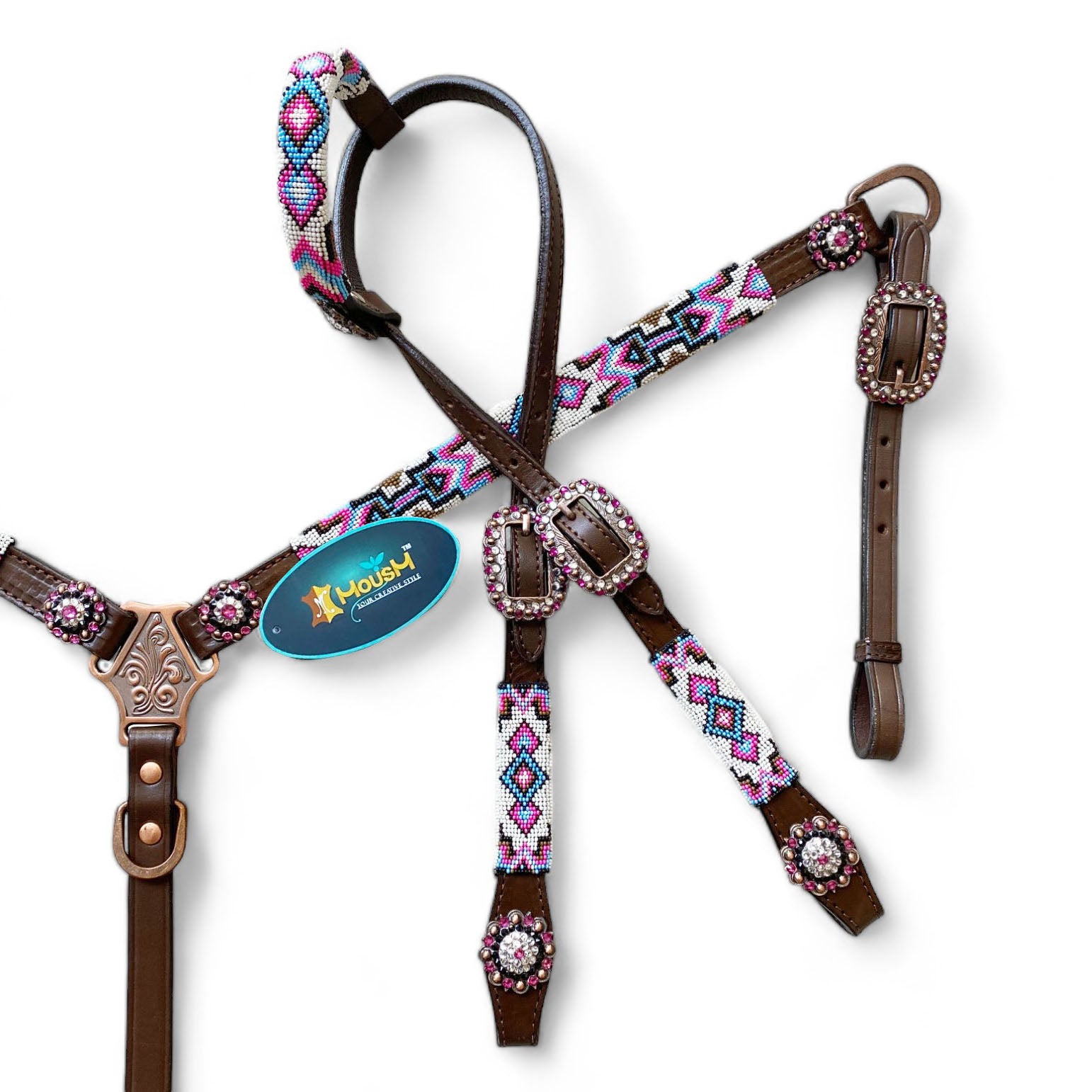 MOUSM Argentina Cow Leather Headstall and Breast Collar with Wither Strap - Western Leather Tack Set for Horse with Pink-White-Blue Beaded Southwestern Pattern and Shinning Rhinestones Concho