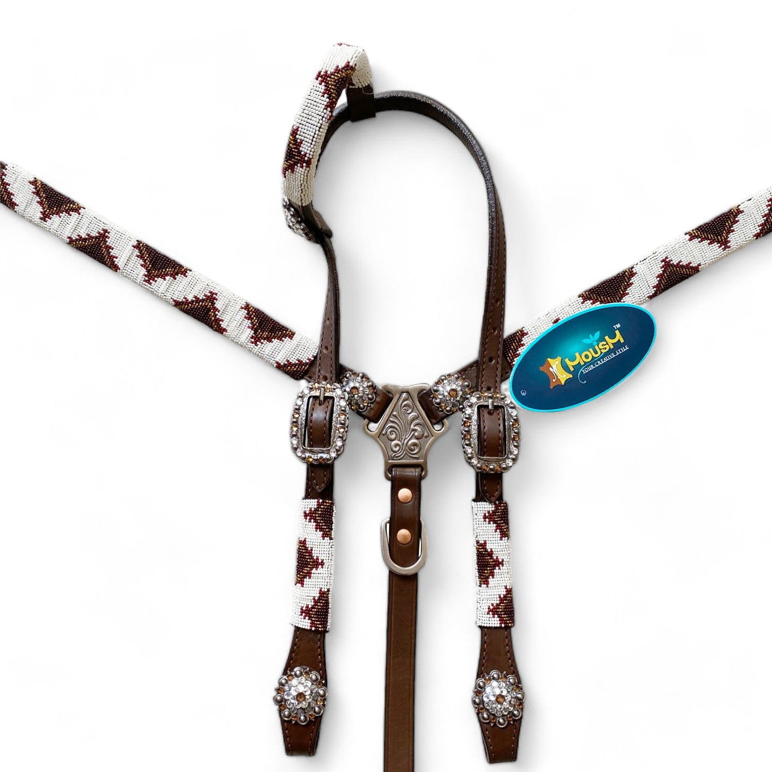 MOUSM Western Headstall and Breast Collar Tack Set with Wither Strap – Decorated with Hand-Beaded Leather Tack with Rhinestone Conchos