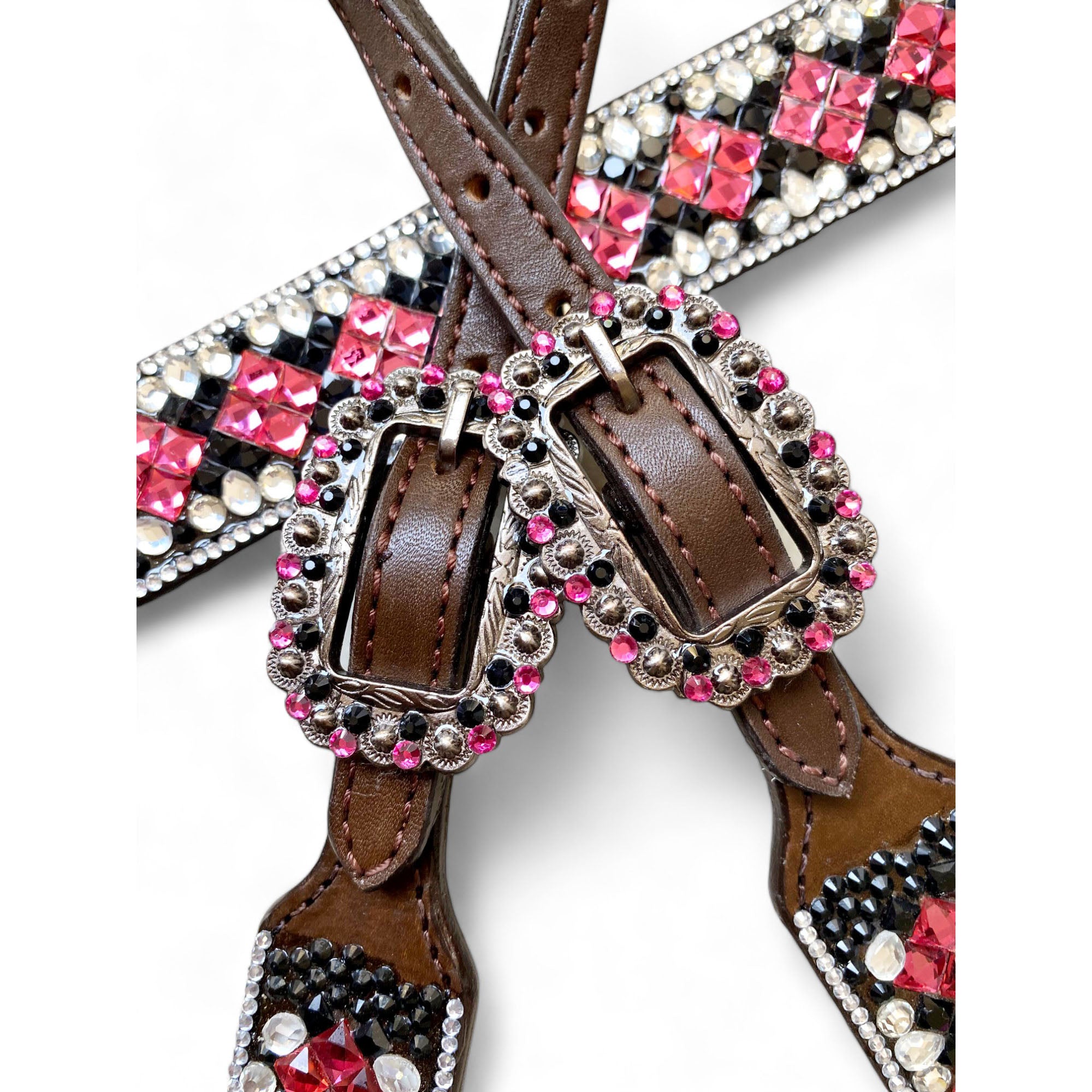MOUSM Argentina Cow Leather Headstall & Breast Collar Set – Western Horse Tack with 3D Pink Rose & Full Rhinestone Work