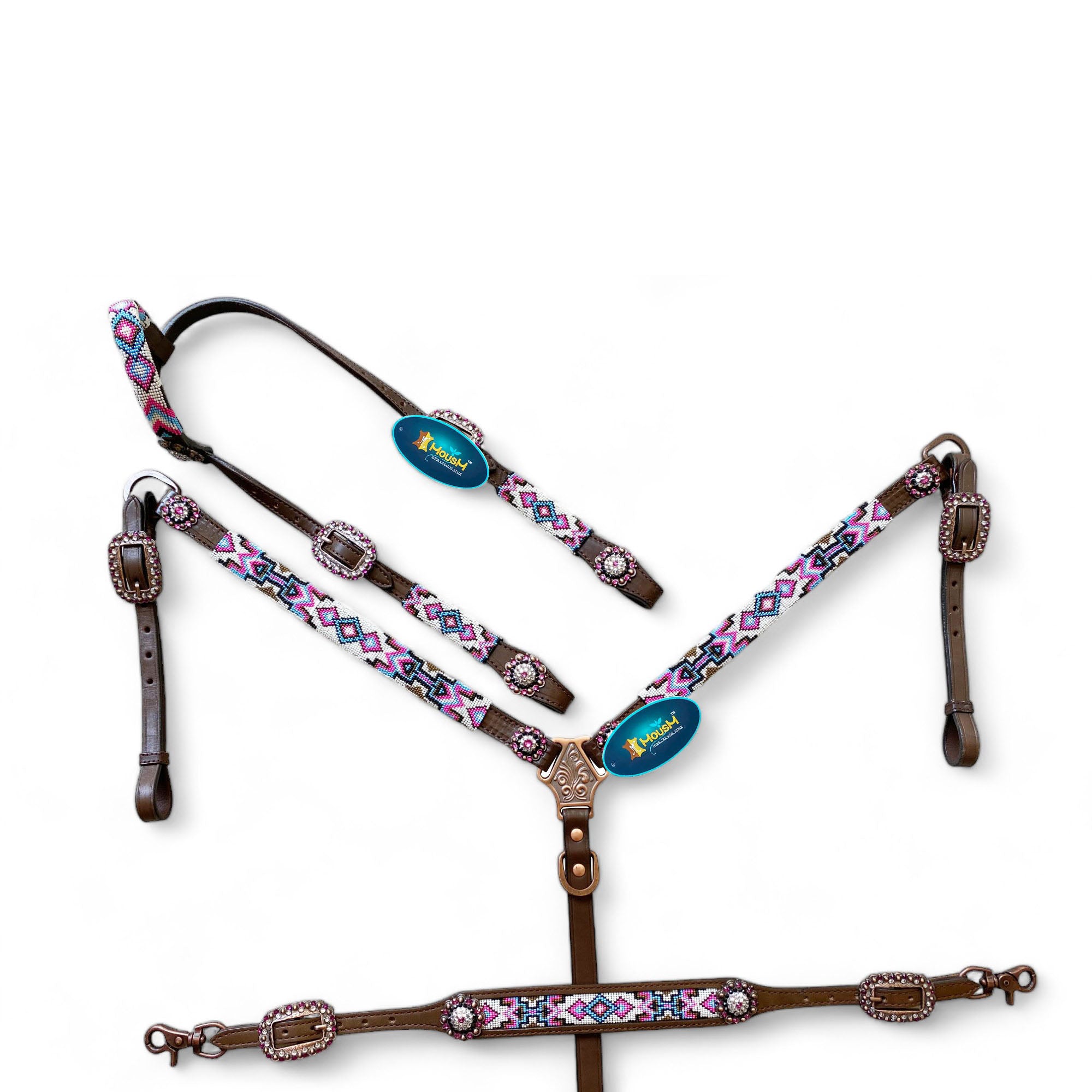 MOUSM Argentina Cow Leather Headstall and Breast Collar with Wither Strap - Western Leather Tack Set for Horse with Pink-White-Blue Beaded Southwestern Pattern and Shinning Rhinestones Concho