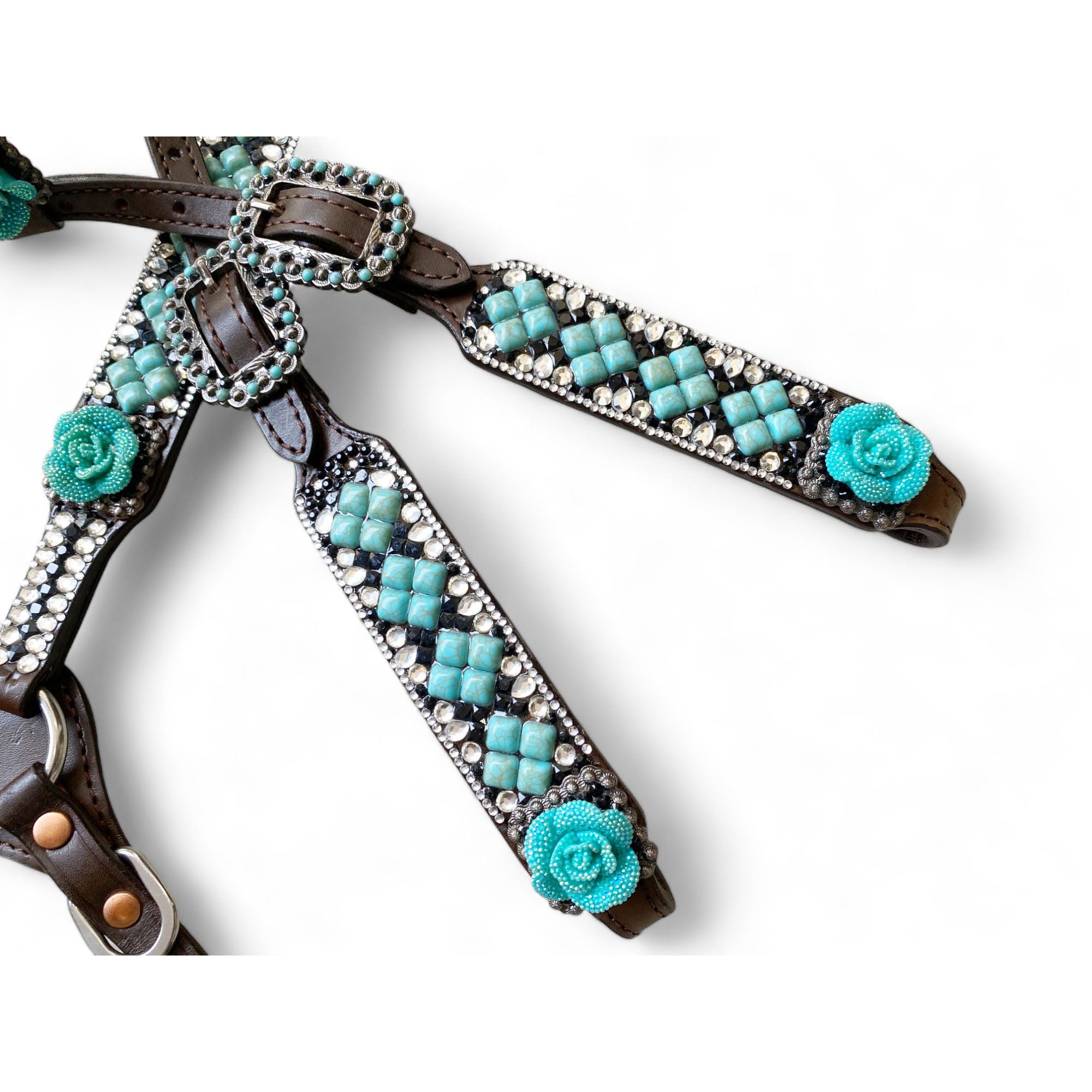 MOUSM Argentina Cow Leather Headstall & Breast Collar Set – Western Horse Tack Decorated with Turquoise Stone and Shining Rhinestones Work and 3D Rose Flower