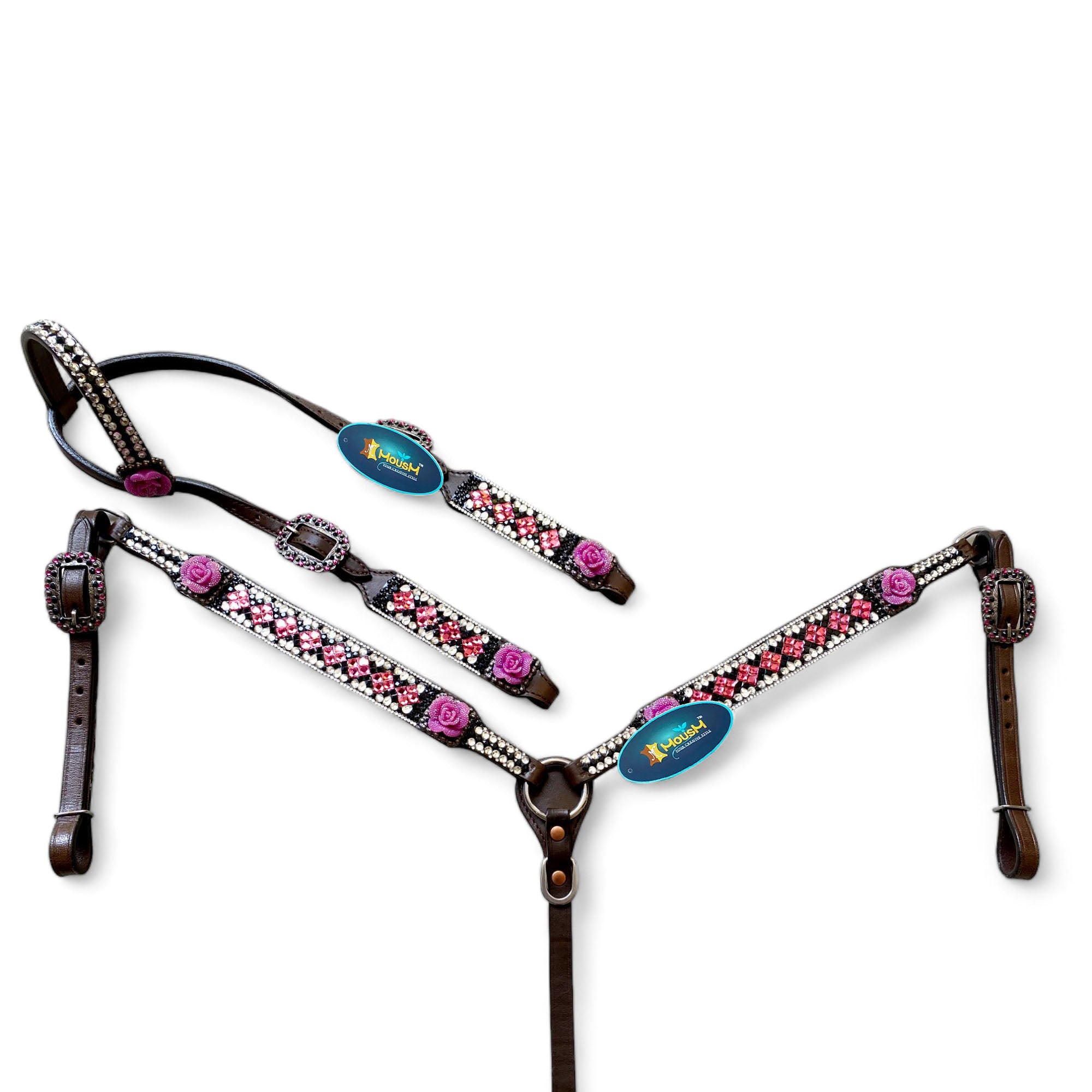 MOUSM Argentina Cow Leather Headstall & Breast Collar Set – Western Horse Tack with 3D Pink Rose & Full Rhinestone Work