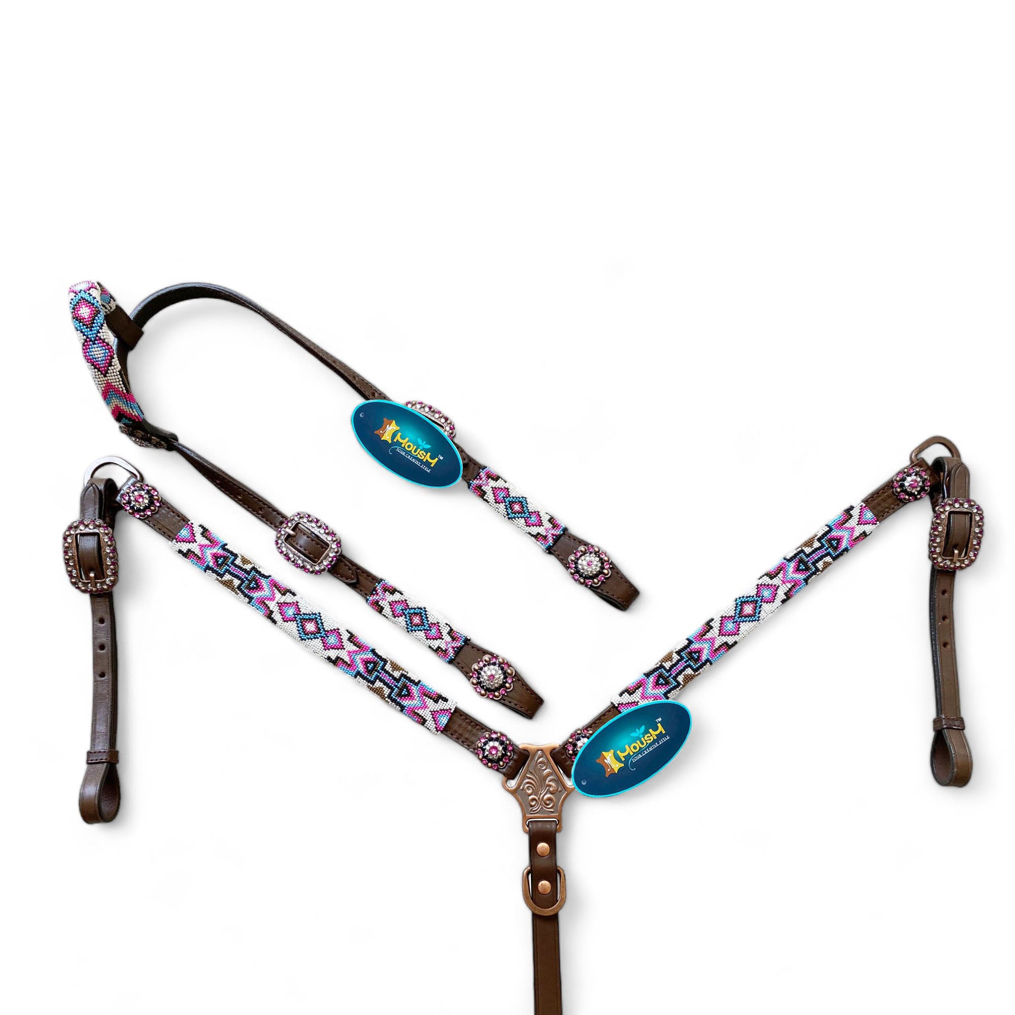 MOUSM Argentina Cow Leather Headstall and Breast Collar with Wither Strap - Western Leather Tack Set for Horse with Pink-White-Blue Beaded Southwestern Pattern and Shinning Rhinestones Concho