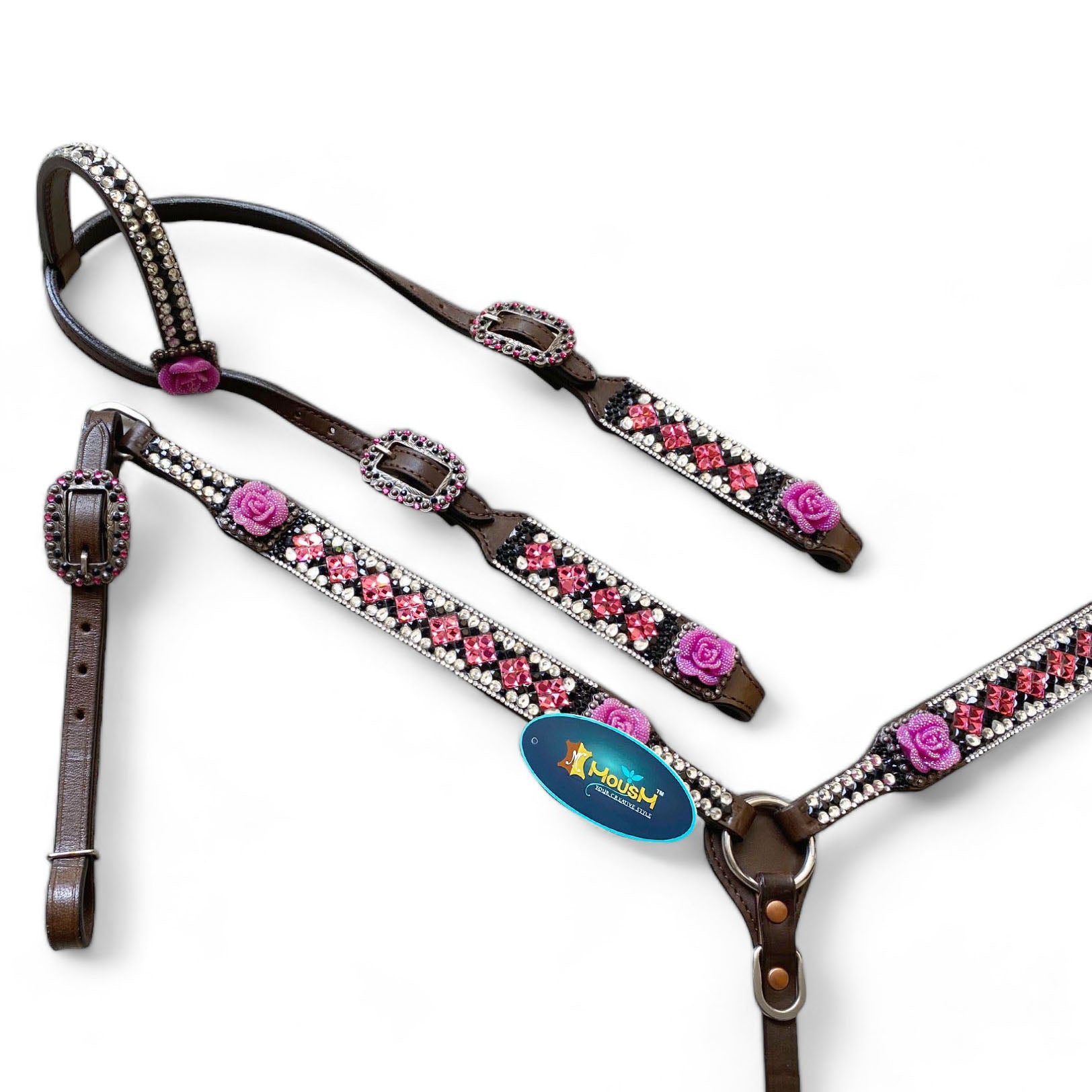 MOUSM Argentina Cow Leather Headstall & Breast Collar Set – Western Horse Tack with 3D Pink Rose & Full Rhinestone Work
