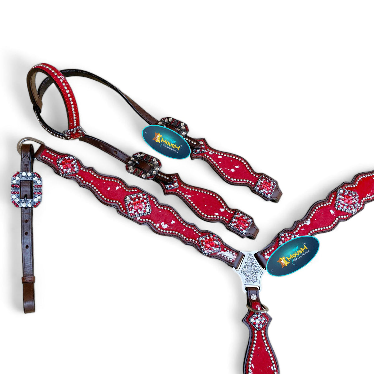Red Acid Wash Cowhide Headstall and Breast Collar Set