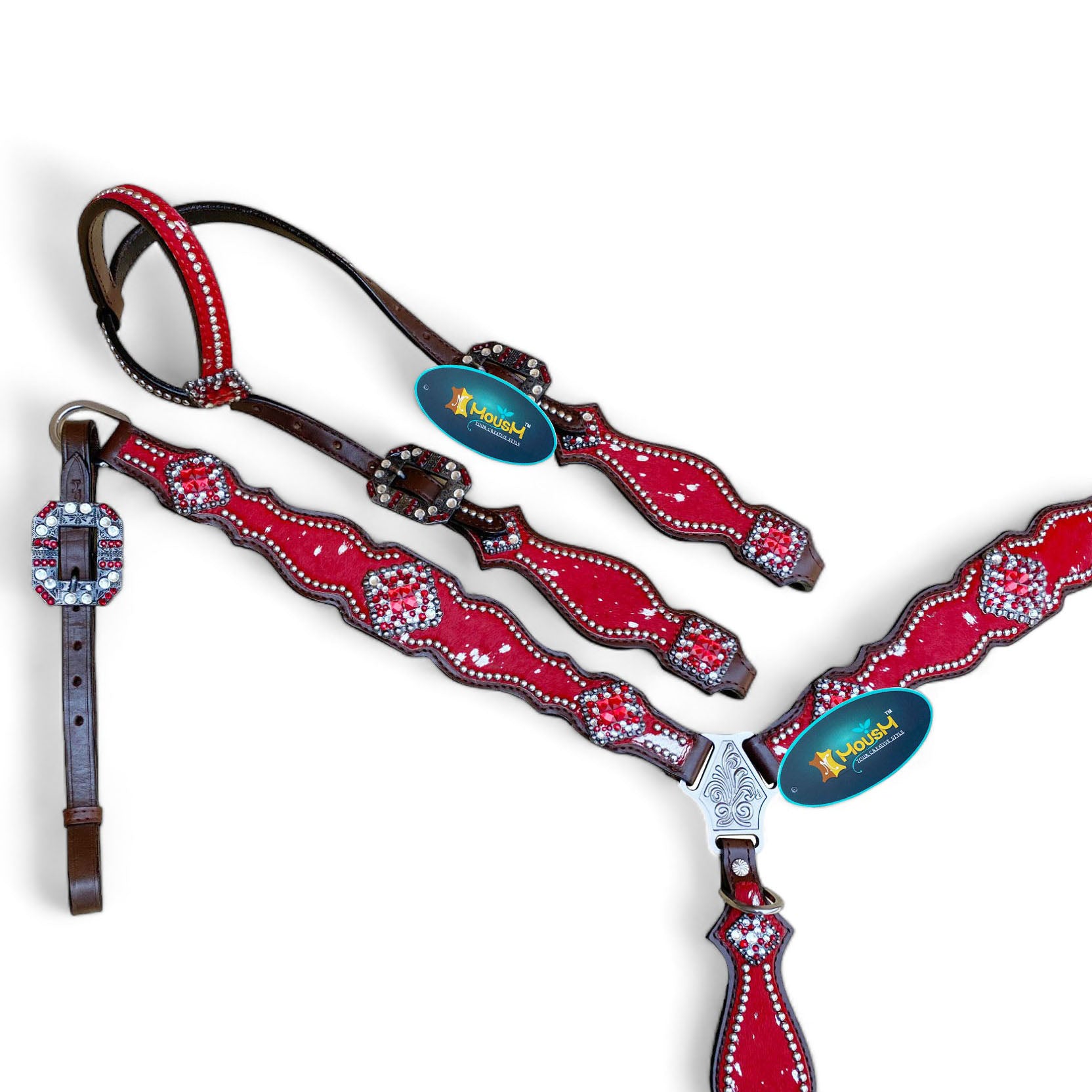 MOUSM Valentine Day Western Headstall and Breast Collar Set - Decorated with Red Silver Metallic Acid Wash Cowhide Finish