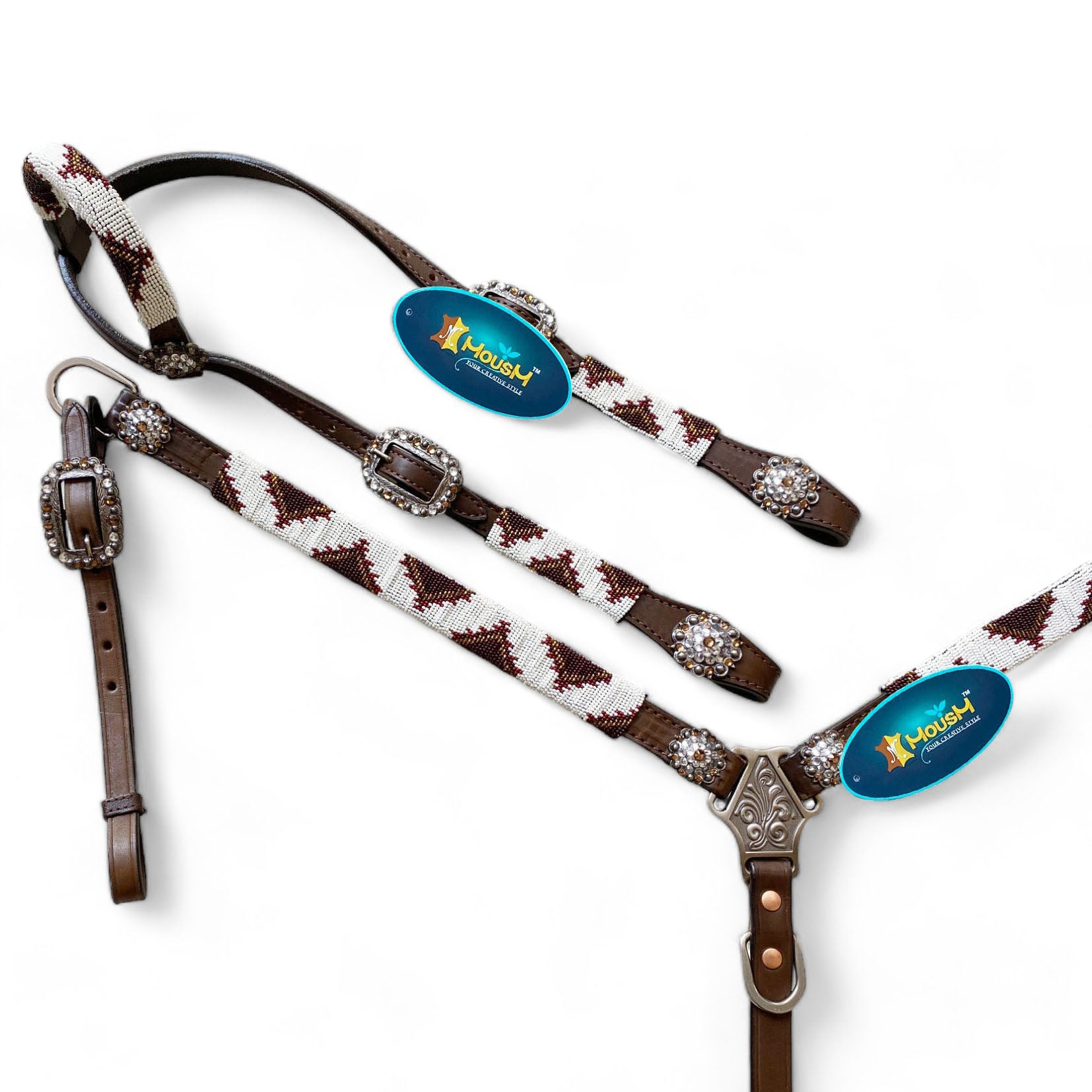 MOUSM Western Headstall and Breast Collar Tack Set with Wither Strap – Decorated with Hand-Beaded Leather Tack with Rhinestone Conchos