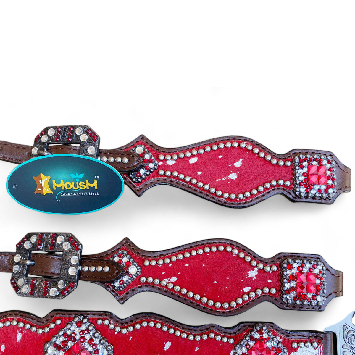 Red Acid Wash Cowhide Headstall and Breast Collar Set