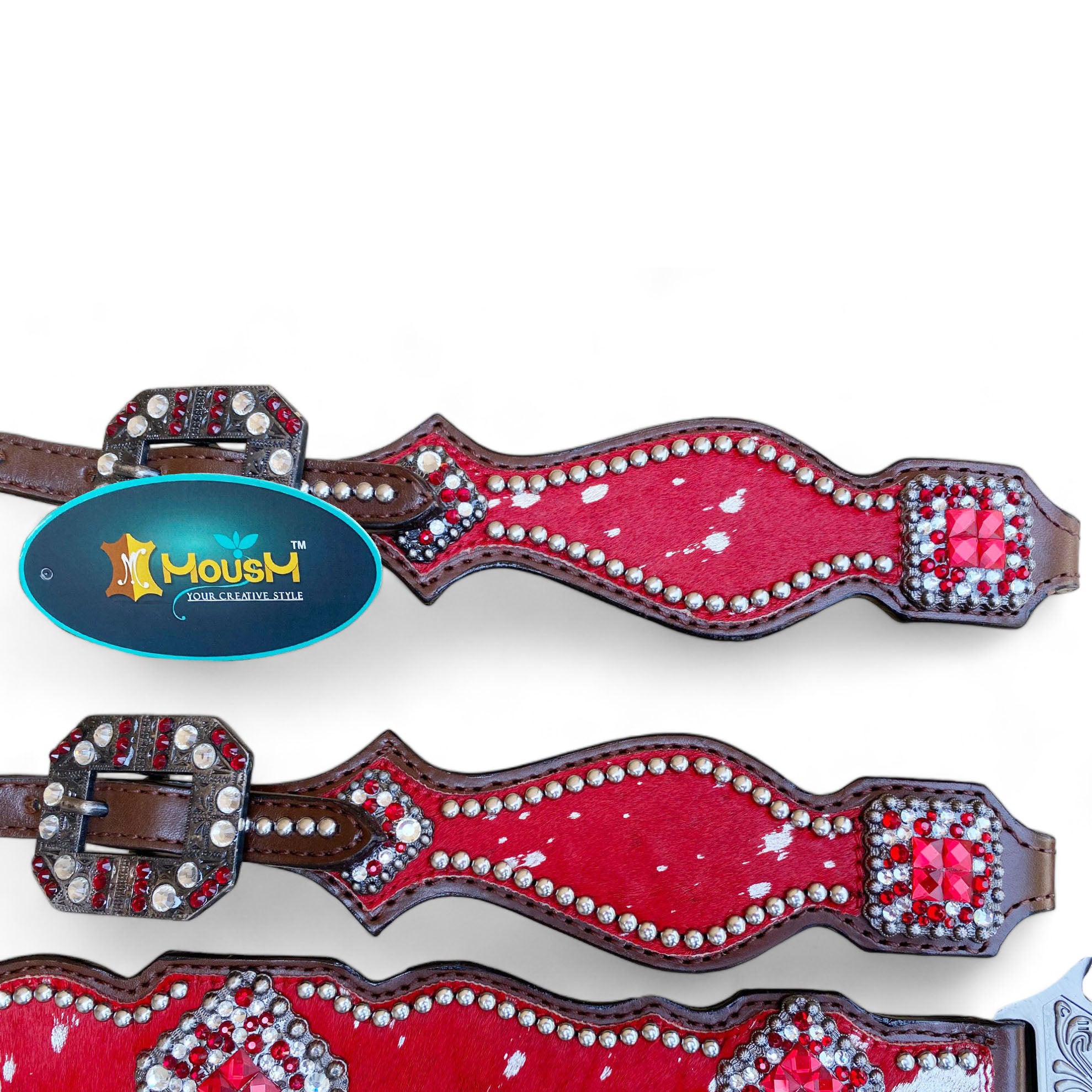 MOUSM Valentine Day Western Headstall and Breast Collar Set - Decorated with Red Silver Metallic Acid Wash Cowhide Finish