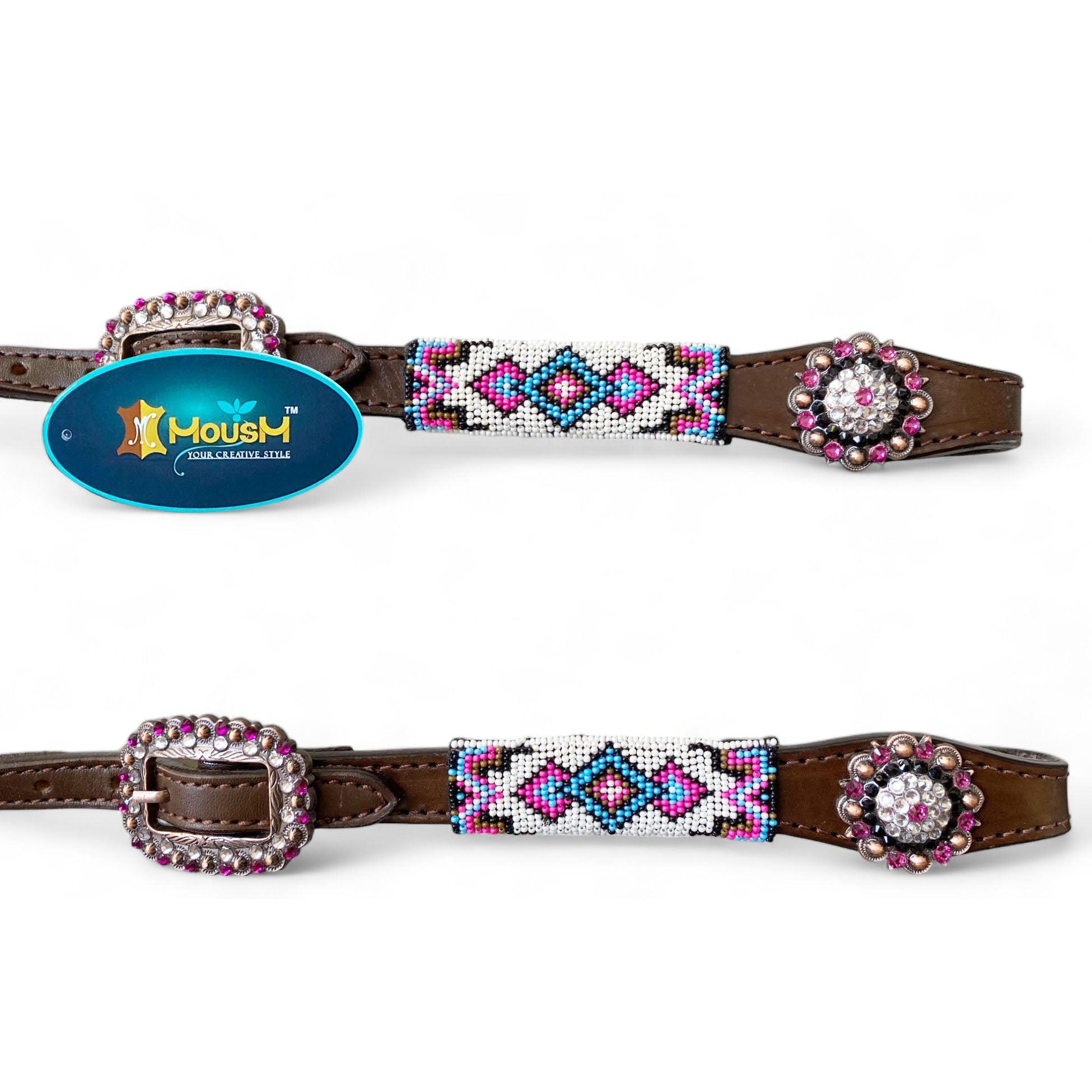 MOUSM Argentina Cow Leather Headstall and Breast Collar with Wither Strap - Western Leather Tack Set for Horse with Pink-White-Blue Beaded Southwestern Pattern and Shinning Rhinestones Concho