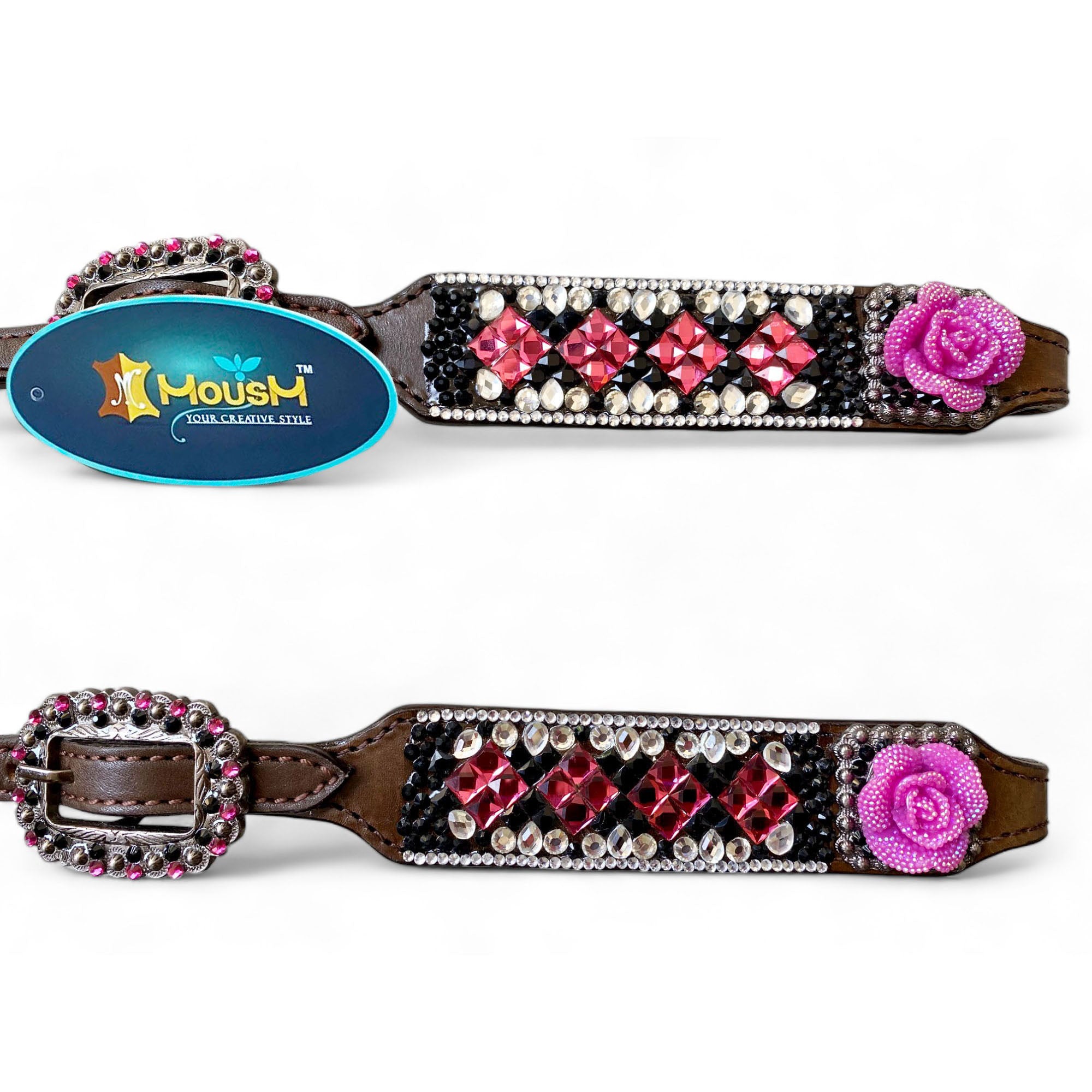 MOUSM Argentina Cow Leather Headstall & Breast Collar Set – Western Horse Tack with 3D Pink Rose & Full Rhinestone Work