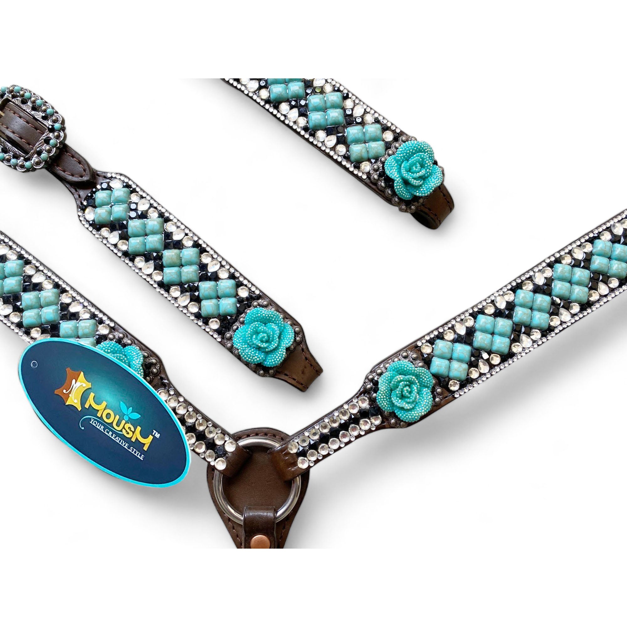 MOUSM Argentina Cow Leather Headstall & Breast Collar Set – Western Horse Tack Decorated with Turquoise Stone and Shining Rhinestones Work and 3D Rose Flower
