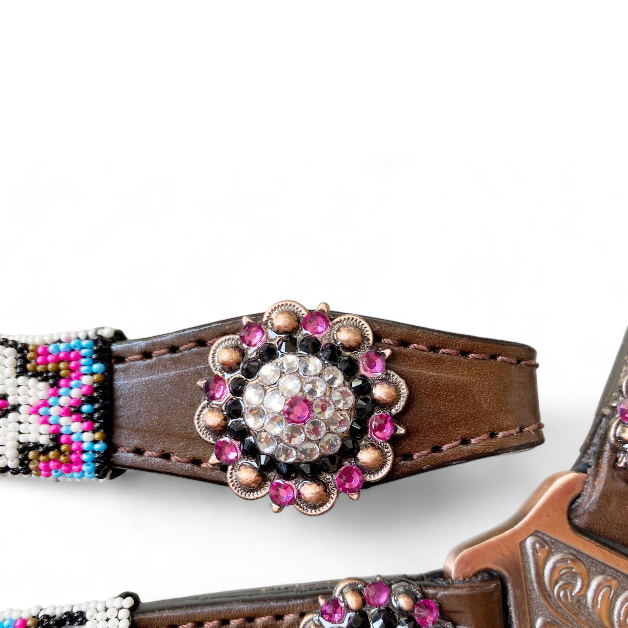 MOUSM Argentina Cow Leather Headstall and Breast Collar with Wither Strap - Western Leather Tack Set for Horse with Pink-White-Blue Beaded Southwestern Pattern and Shinning Rhinestones Concho