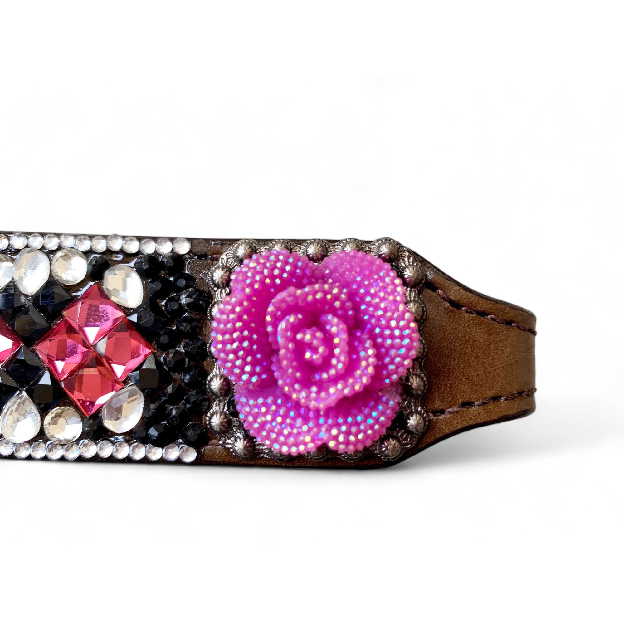 MOUSM Argentina Cow Leather Headstall & Breast Collar Set – Western Horse Tack with 3D Pink Rose & Full Rhinestone Work