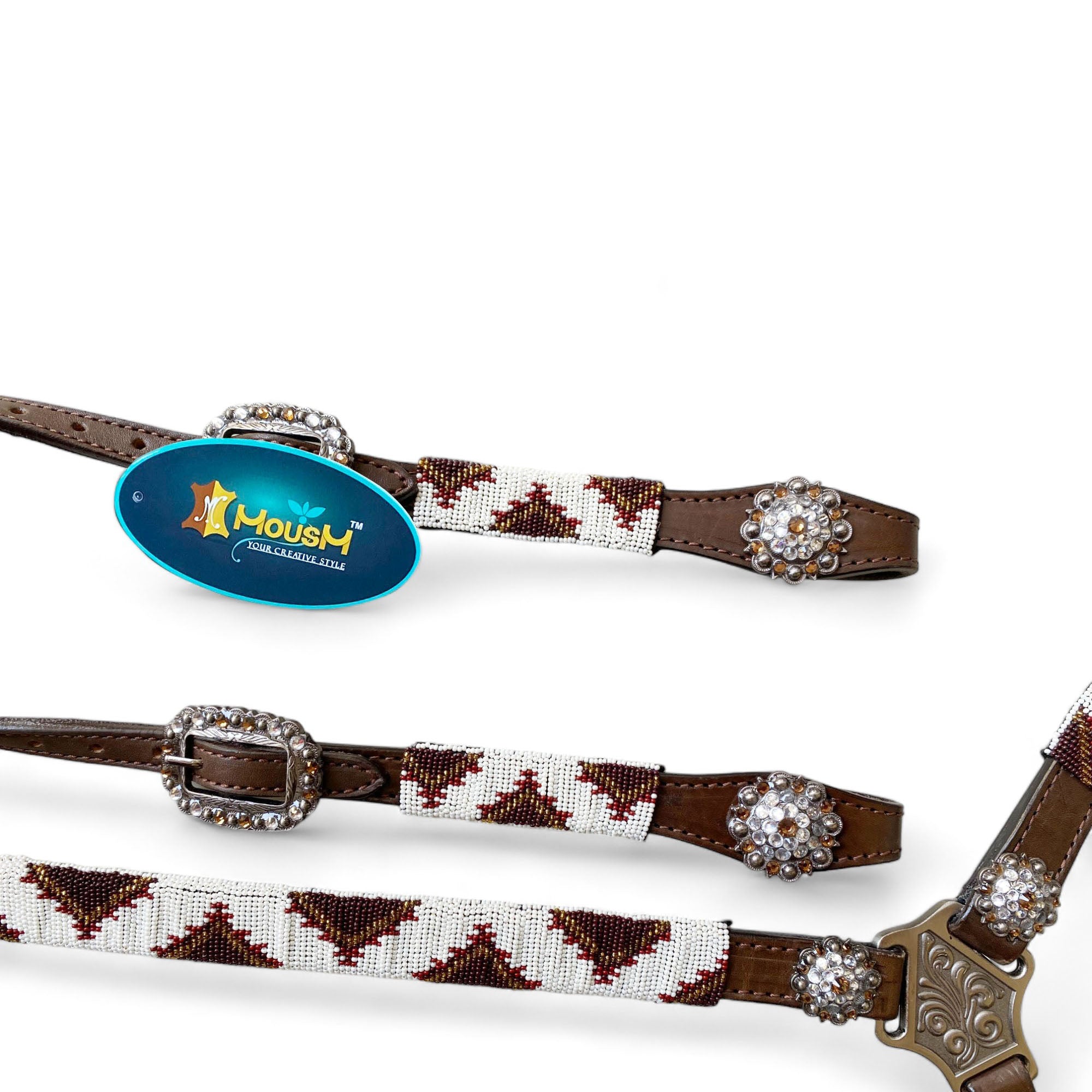 MOUSM Western Headstall and Breast Collar Tack Set with Wither Strap – Decorated with Hand-Beaded Leather Tack with Rhinestone Conchos