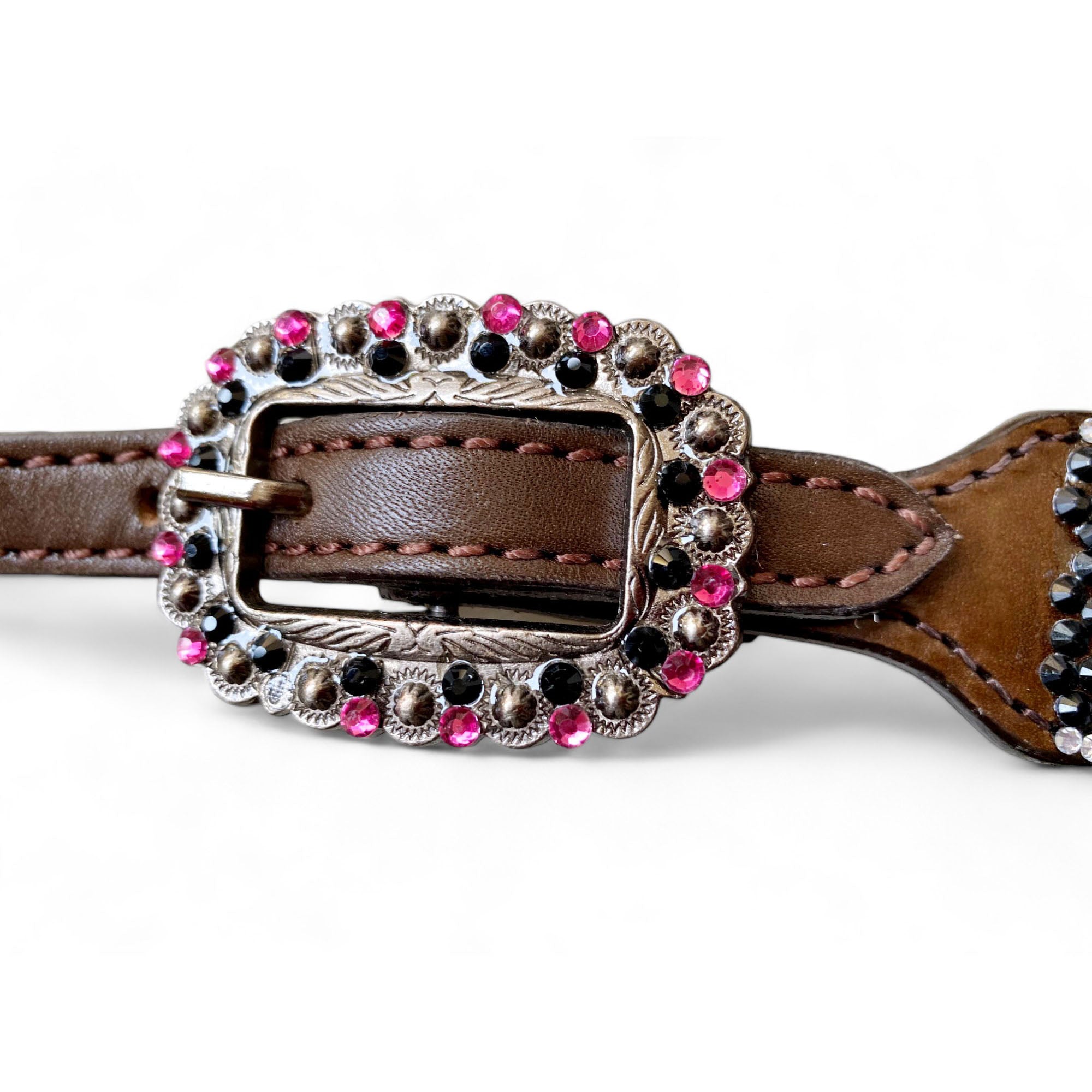 MOUSM Argentina Cow Leather Headstall & Breast Collar Set – Western Horse Tack with 3D Pink Rose & Full Rhinestone Work