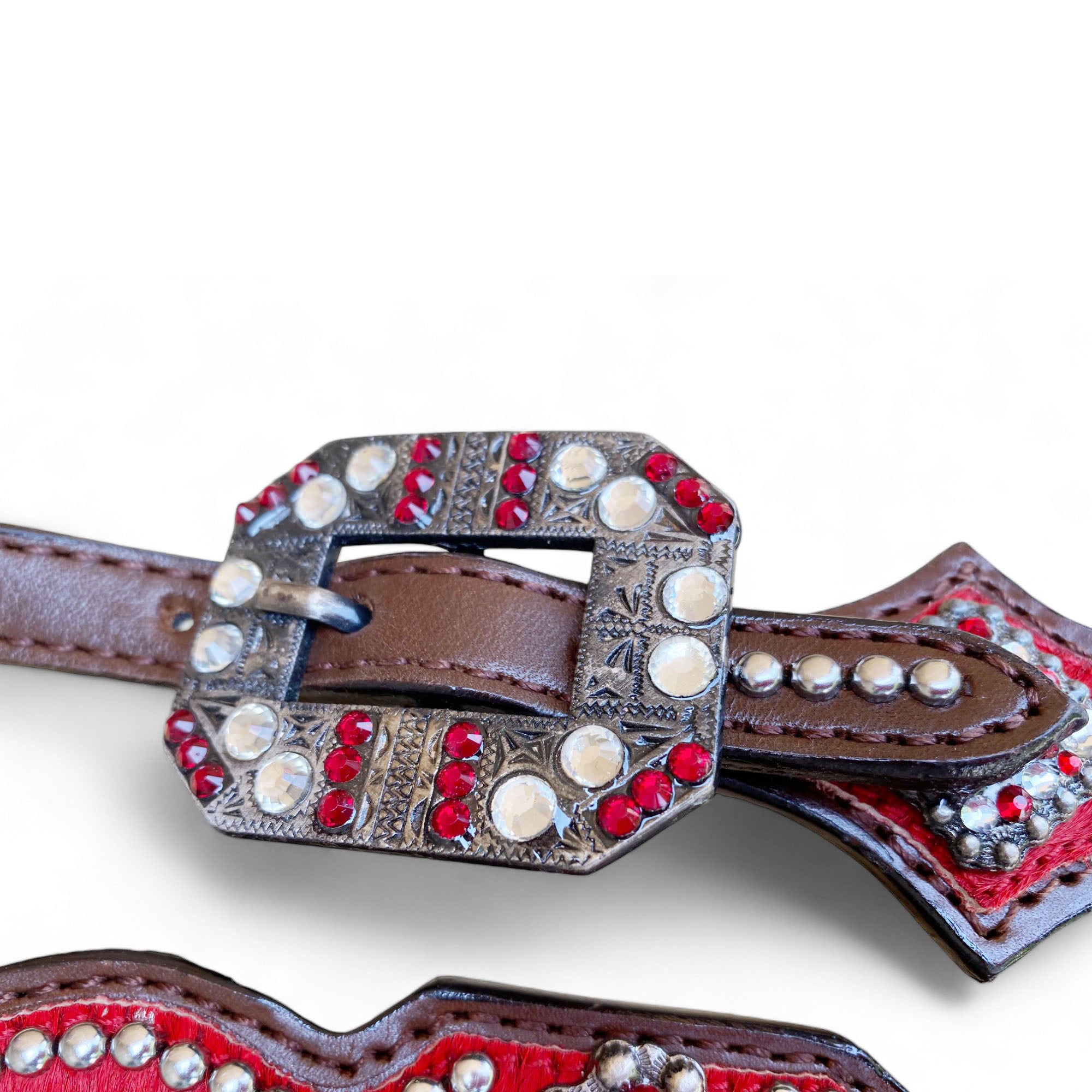 MOUSM Valentine Day Western Headstall and Breast Collar Set - Decorated with Red Silver Metallic Acid Wash Cowhide Finish