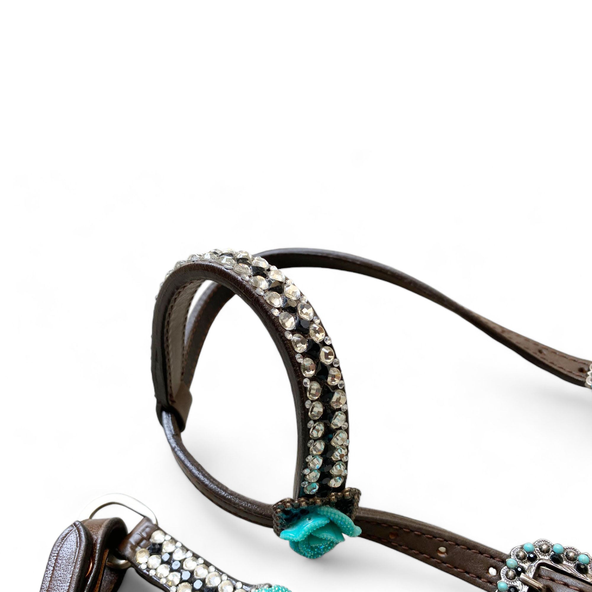 MOUSM Argentina Cow Leather Headstall & Breast Collar Set – Western Horse Tack Decorated with Turquoise Stone and Shining Rhinestones Work and 3D Rose Flower