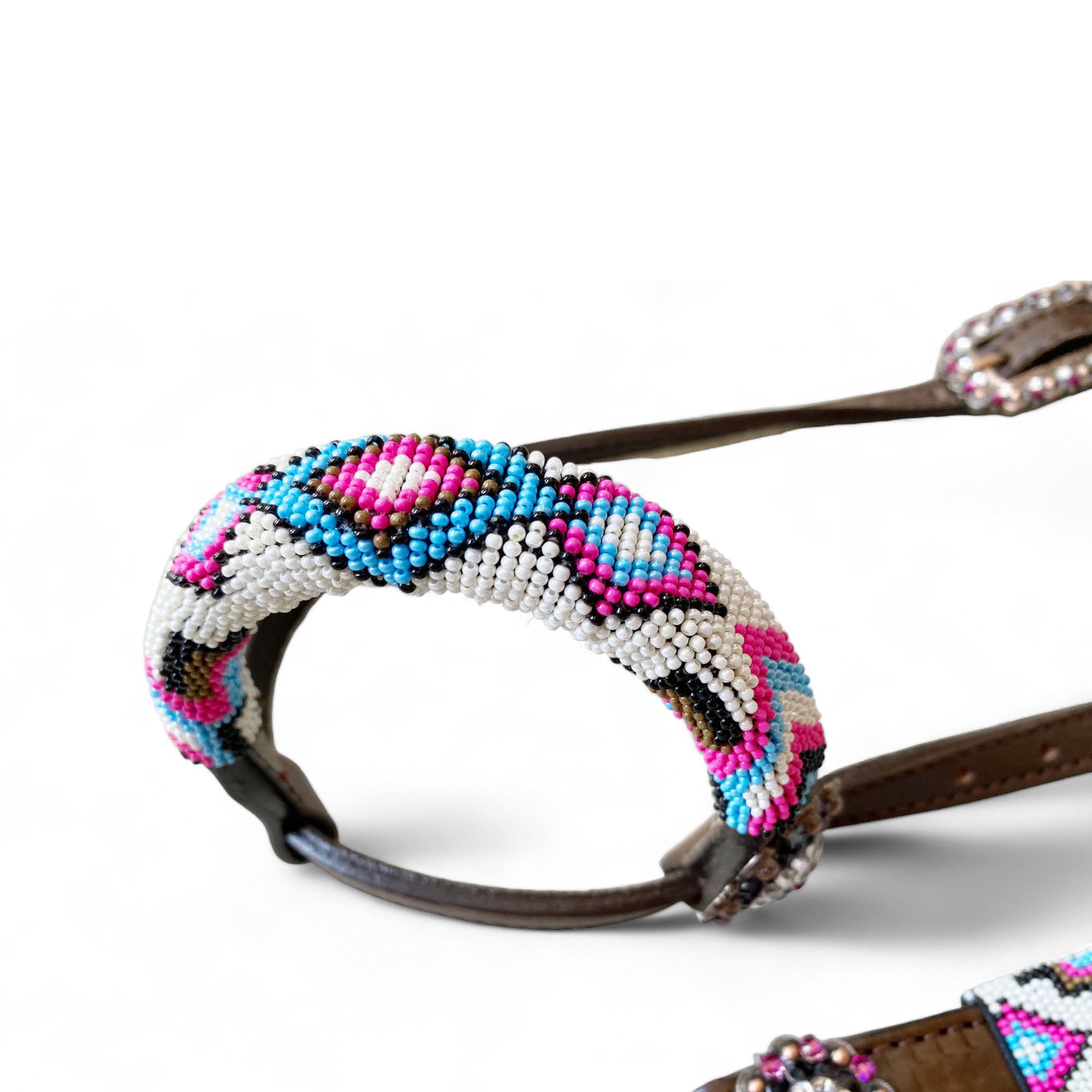 MOUSM Argentina Cow Leather Headstall and Breast Collar with Wither Strap - Western Leather Tack Set for Horse with Pink-White-Blue Beaded Southwestern Pattern and Shinning Rhinestones Concho