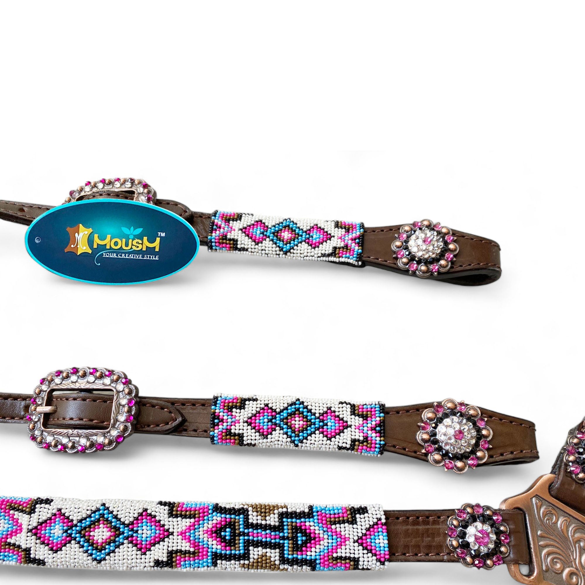 MOUSM Argentina Cow Leather Headstall and Breast Collar with Wither Strap - Western Leather Tack Set for Horse with Pink-White-Blue Beaded Southwestern Pattern and Shinning Rhinestones Concho