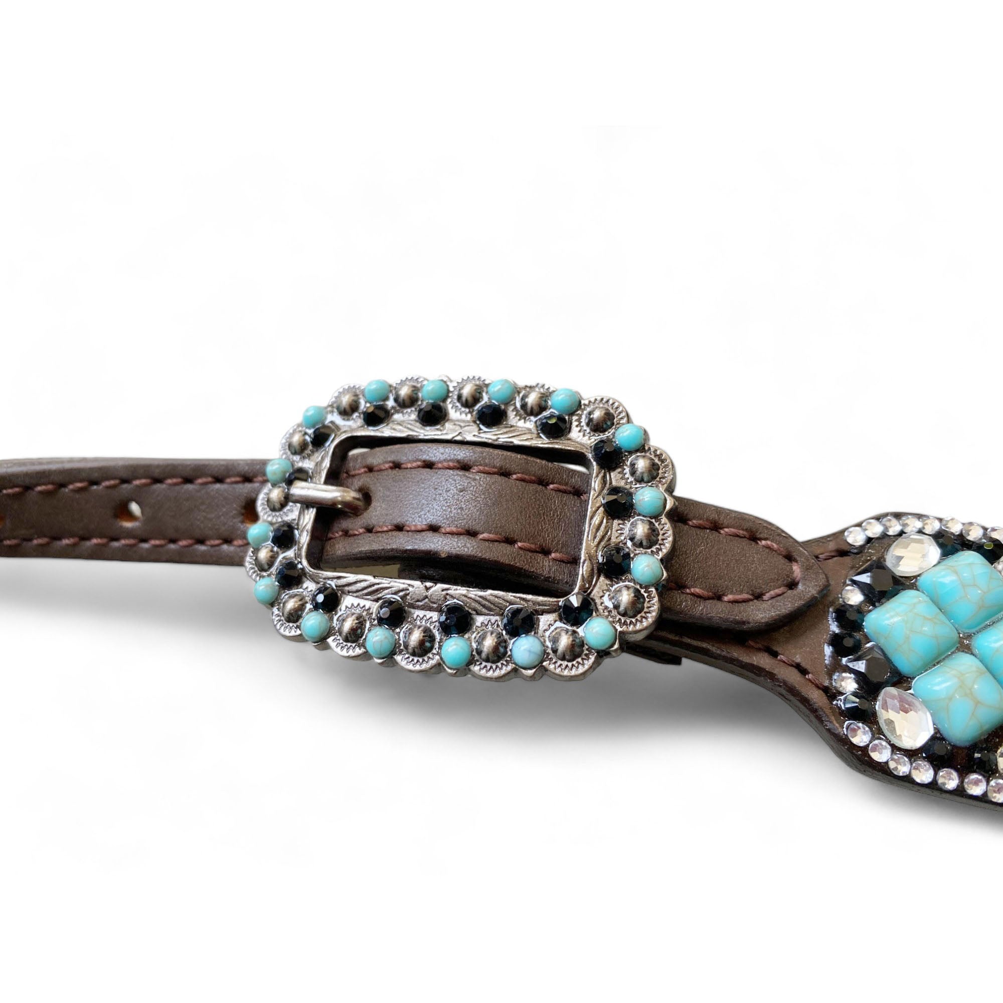MOUSM Argentina Cow Leather Headstall & Breast Collar Set – Western Horse Tack Decorated with Turquoise Stone and Shining Rhinestones Work and 3D Rose Flower