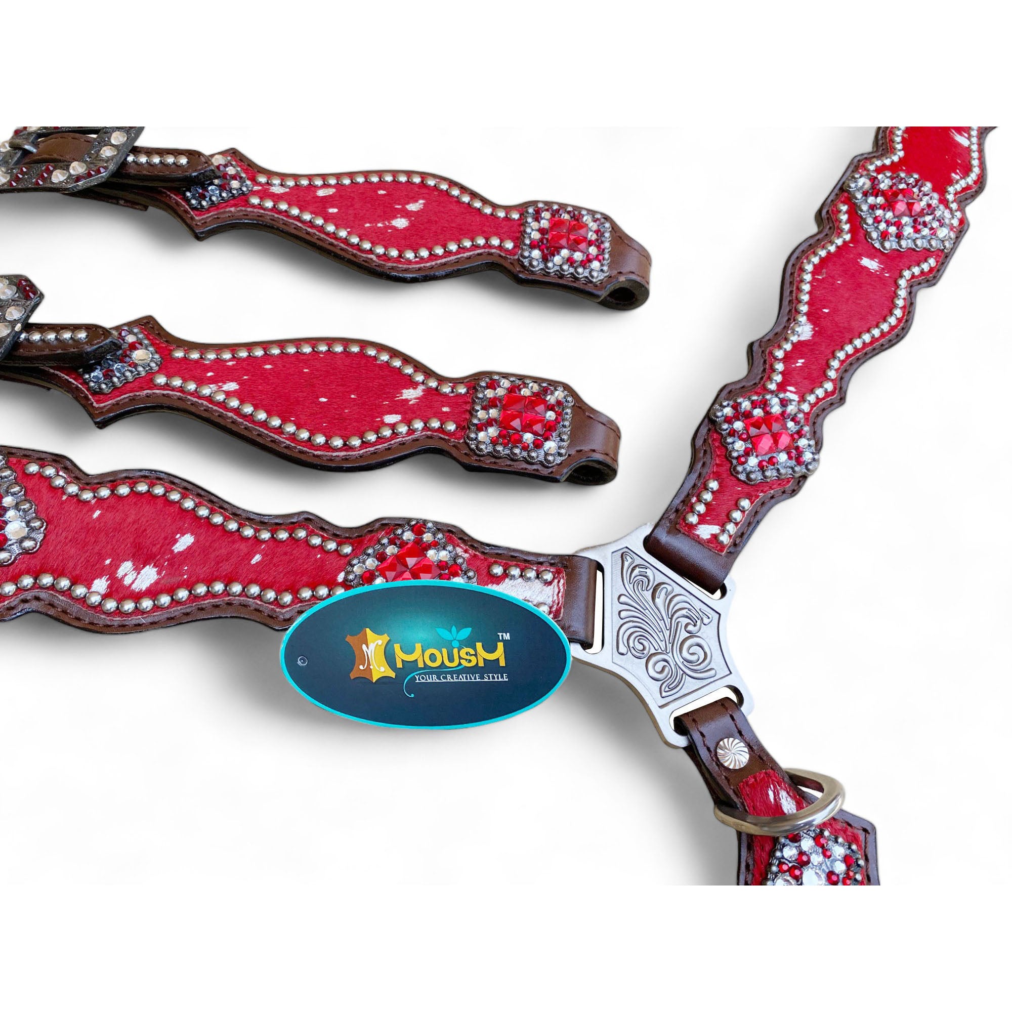 MOUSM Valentine Day Western Headstall and Breast Collar Set - Decorated with Red Silver Metallic Acid Wash Cowhide Finish