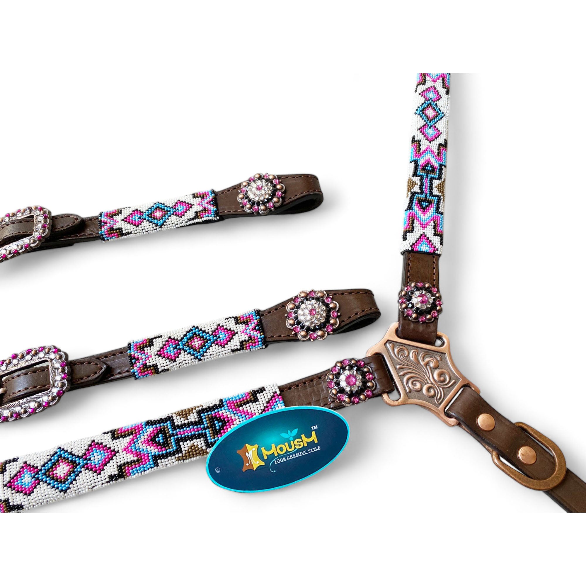 MOUSM Argentina Cow Leather Headstall and Breast Collar with Wither Strap - Western Leather Tack Set for Horse with Pink-White-Blue Beaded Southwestern Pattern and Shinning Rhinestones Concho