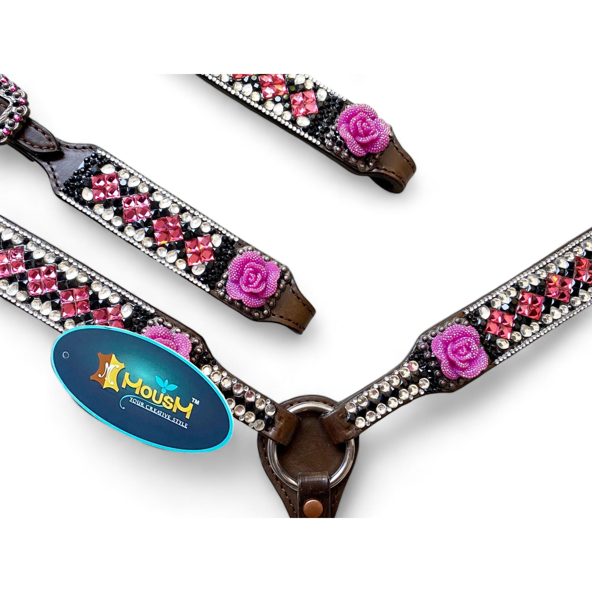 MOUSM Argentina Cow Leather Headstall & Breast Collar Set – Western Horse Tack with 3D Pink Rose & Full Rhinestone Work
