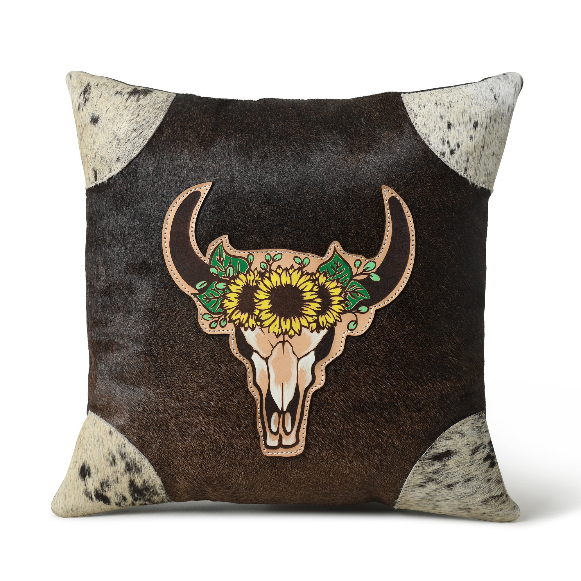 MOUSM Real Cowhide Leather Cushion Cover – 18x18 Inch Hair-On Decorative Pillow Cover with Bull Head Patch – Designer Throw Pillow Case for Sofa, Couch, Living Room & Bedroom (Brown)