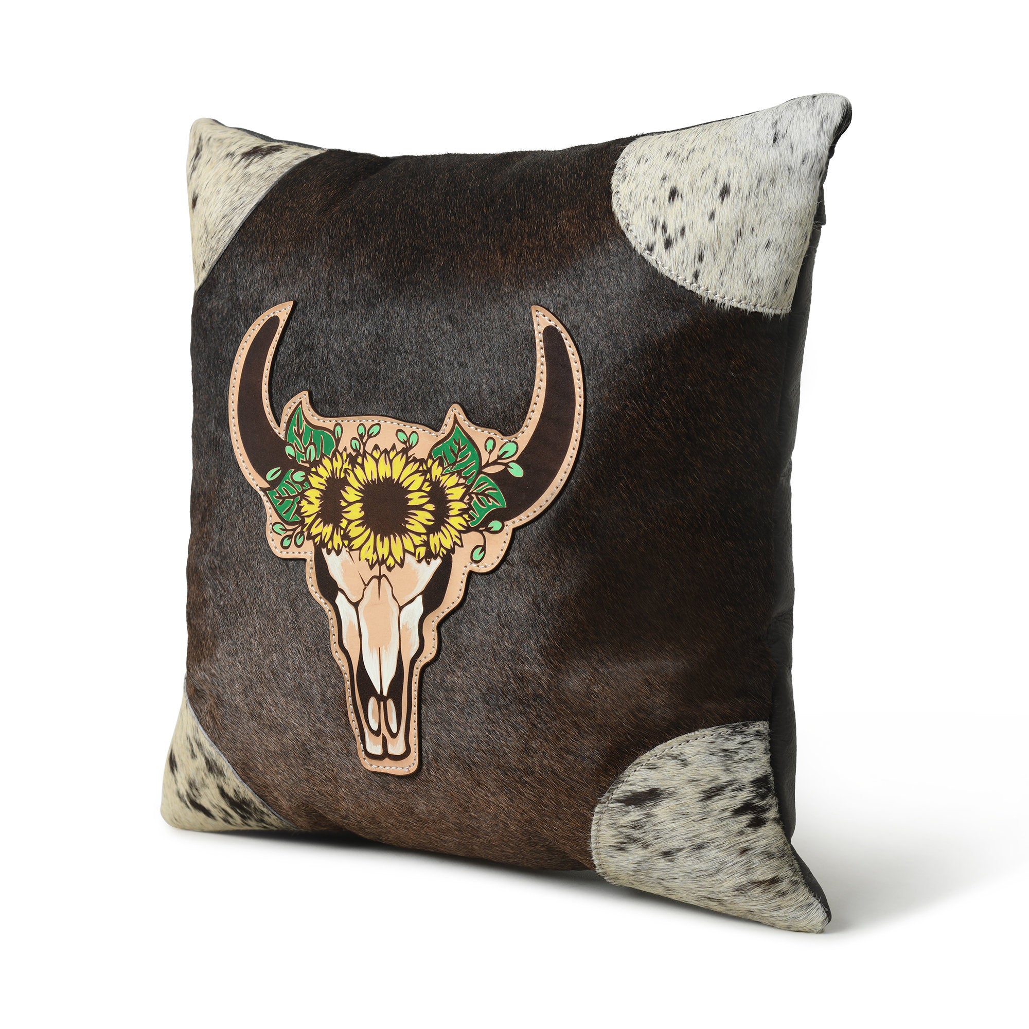 MOUSM Real Cowhide Leather Cushion Cover – 18x18 Inch Hair-On Decorative Pillow Cover with Bull Head Patch – Designer Throw Pillow Case for Sofa, Couch, Living Room & Bedroom (Brown)